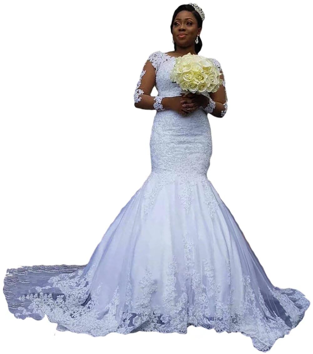 Elegant Mermaid Wedding Dresses for Bride - Long Sleeves Lace Beaded Appliques Bridal Gowns for Women | Perfect for Beach, Church & Formal Weddings