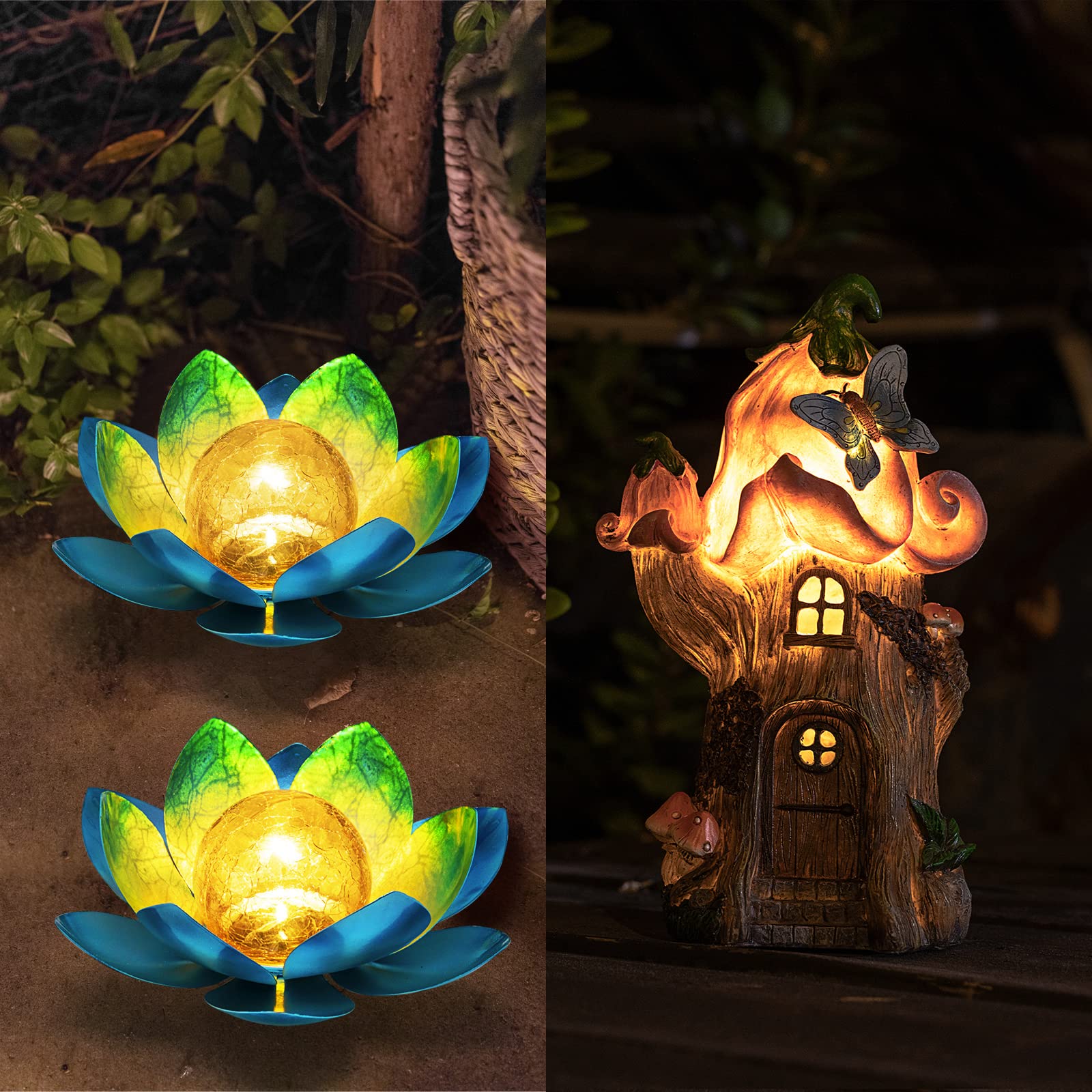 2 Pack Solar Powered LED Outdoor Garden Lights - Blue Crackle Globe Glass Lotus Flower & Gnome Fairy House Statues - Weatherproof Solar Lights for Patio, Yard, Pathway Decoration