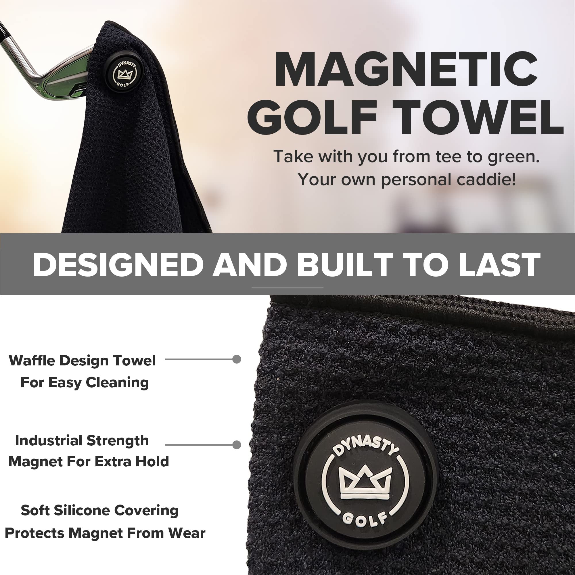 Premium Magnetic Golf Towel for Golf Bags - Microfiber Waffle Pattern Golf Towel with Strong Magnet for Men & Women (Black) - Perfect for Golf Course, Driving Range & Club Cleaning