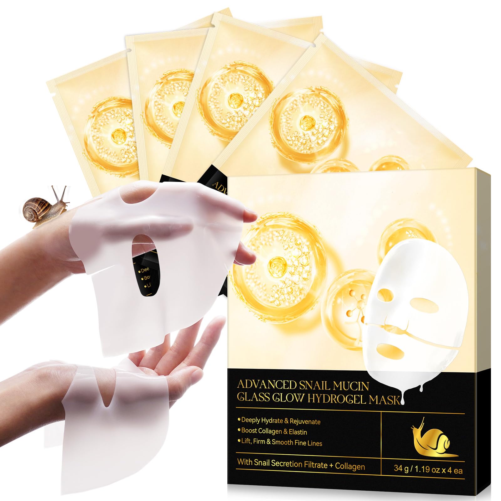 **Snail Mucin Sheet Facial Mask - Collagen & Hyaluronic Acid Deep Hydrating Overnight Mask for All Skin Types - Anti-Wrinkle & Lifting Treatment (4 PCS) - Perfect for Nighttime Skincare & Spa Days**