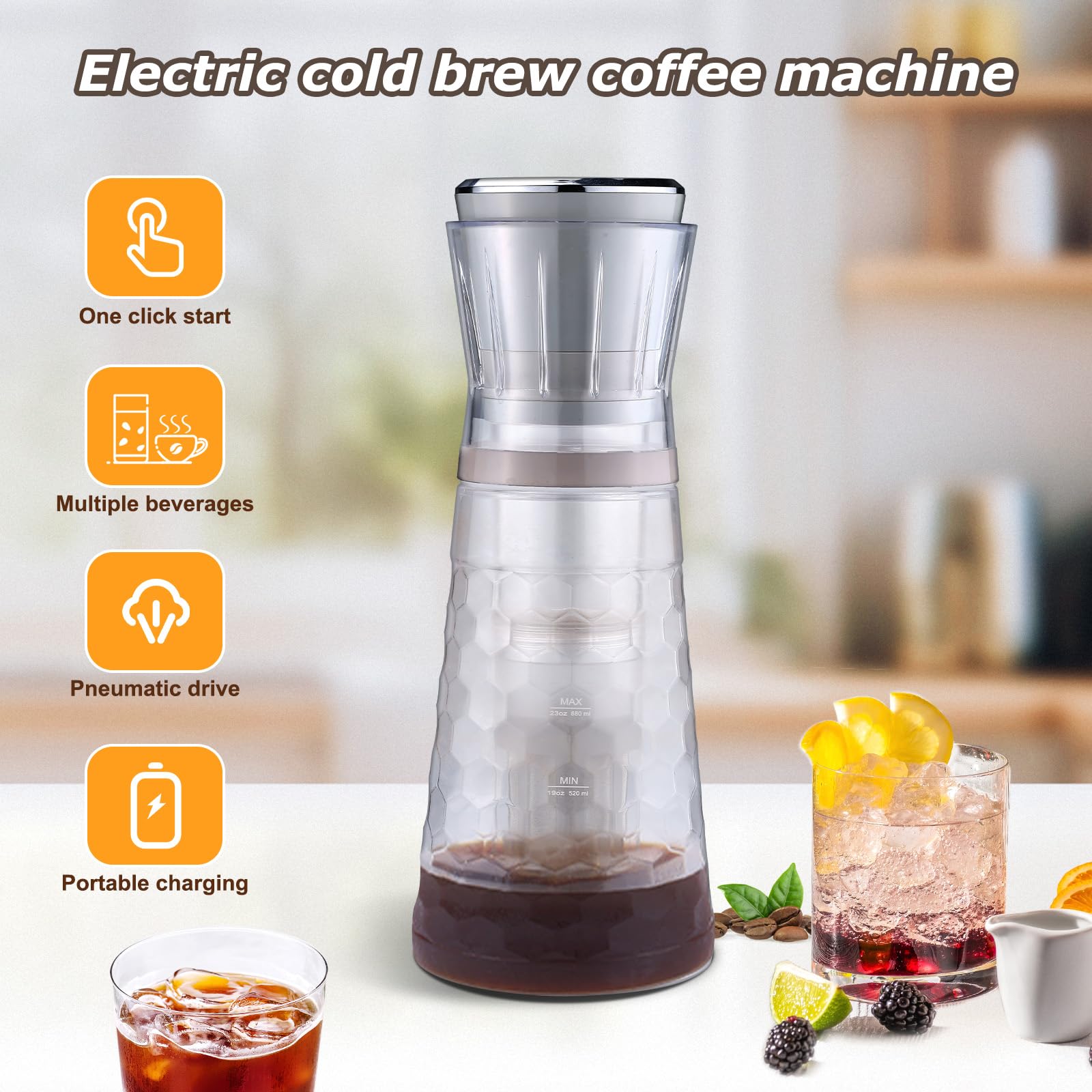 Homtone Electric Cold Brew Coffee Maker - 15-Minute Fast Iced Coffee Machine with Air Injection Technology, 2 Brew Strength Settings, Portable Design for Home, Office & Travel - Perfect for Summer Drinks, Iced Lattes & Cold Brew Concentrates