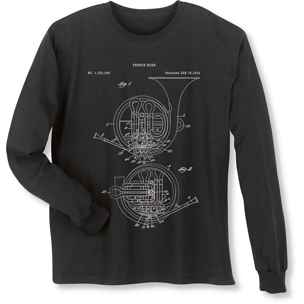 Vintage French Horn Patent Drawing Long Sleeve T-Shirt for Men & Women - Perfect for Music Lovers, Orchestra Performers and Band Gifts