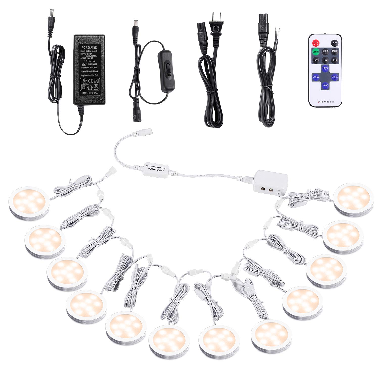 AIBOO Linkable Under Cabinet LED Lighting 12V Dimmable Puck Lights Kit with Wireless RF Remote - Hardwired & Plug-in for Kitchen, Bar, Bookshelf & Display Case Mood Lighting (Warm White, 12 Lights)
