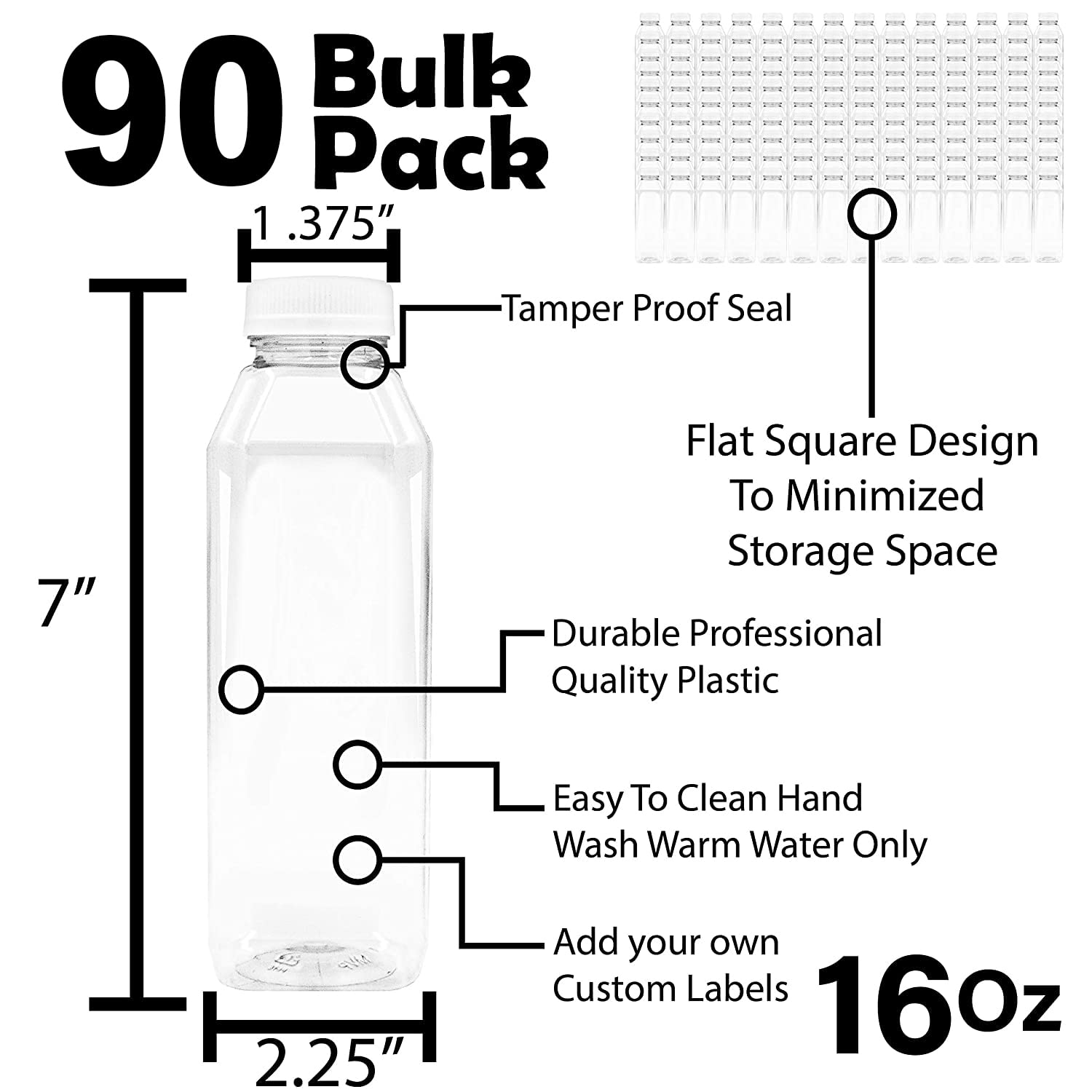 90-Pack 16oz Clear PET Plastic Juice Bottles with Black Tamper Evident Caps - Reusable Empty Milk Containers for Juice, Smoothies, Meal Prep & Bulk Storage - BPA Free Food Grade Bottles (90 Count)