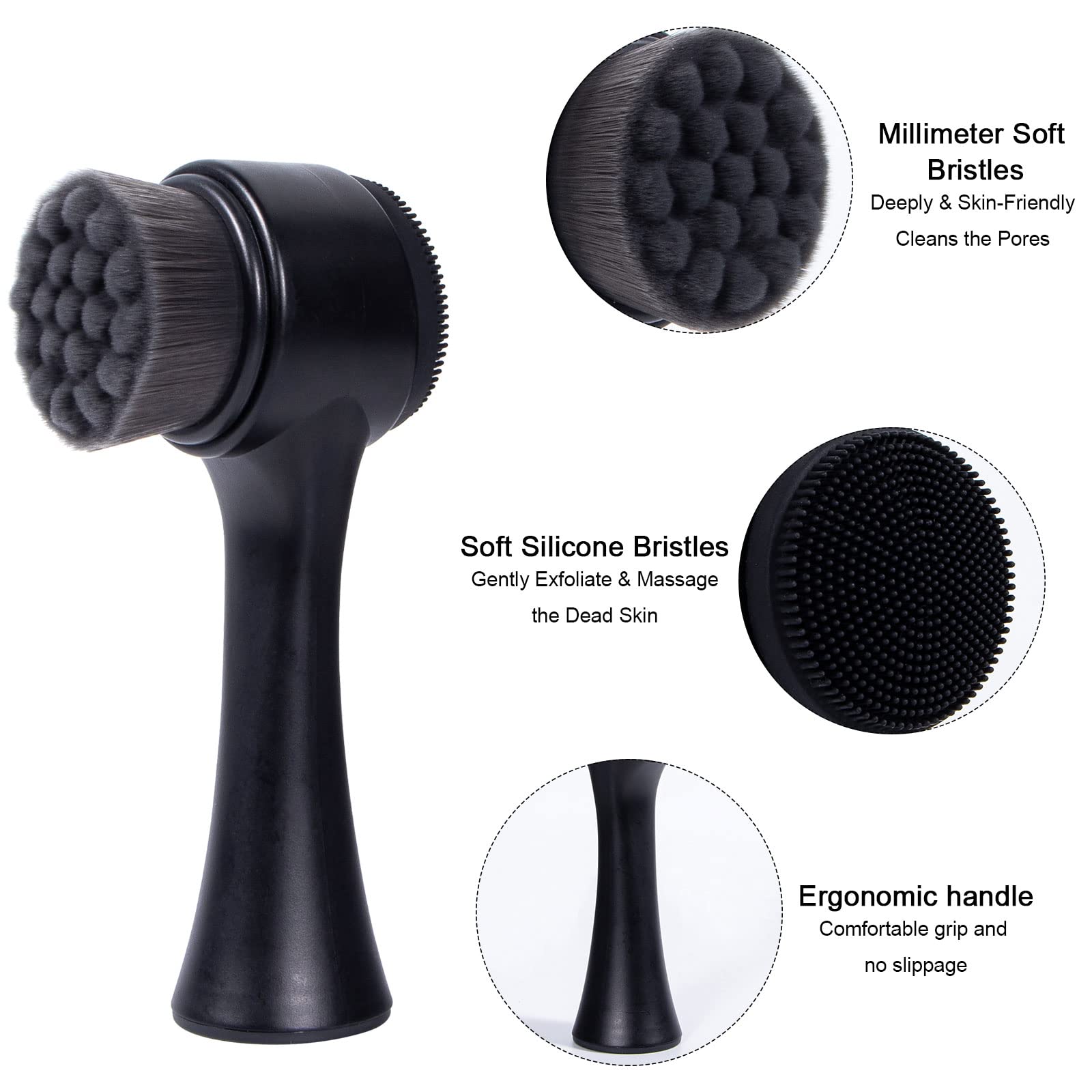 Ooloveminso 2-in-1 Facial Cleansing Brush - Ultra Soft Bristles & Silicone Scrubber for Deep Pore Cleansing & Exfoliation | Perfect for Daily Skincare Routine & Travel-Friendly Beauty Tool (Black)