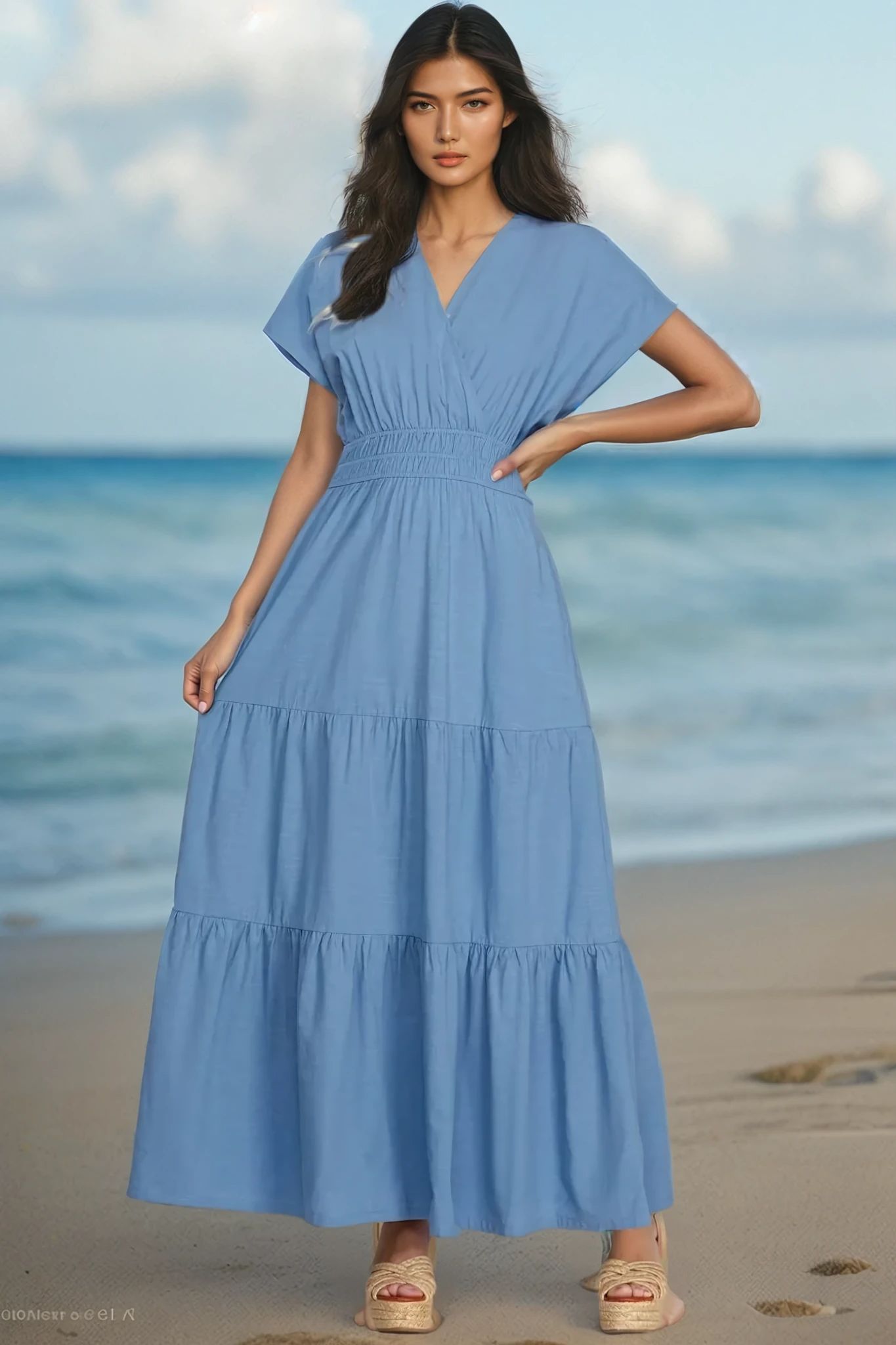 Stylish Blue Short Sleeve Beach Maxi Dress with Pockets - Perfect for Summer Vacations, Pool Parties & Tropical Getaways