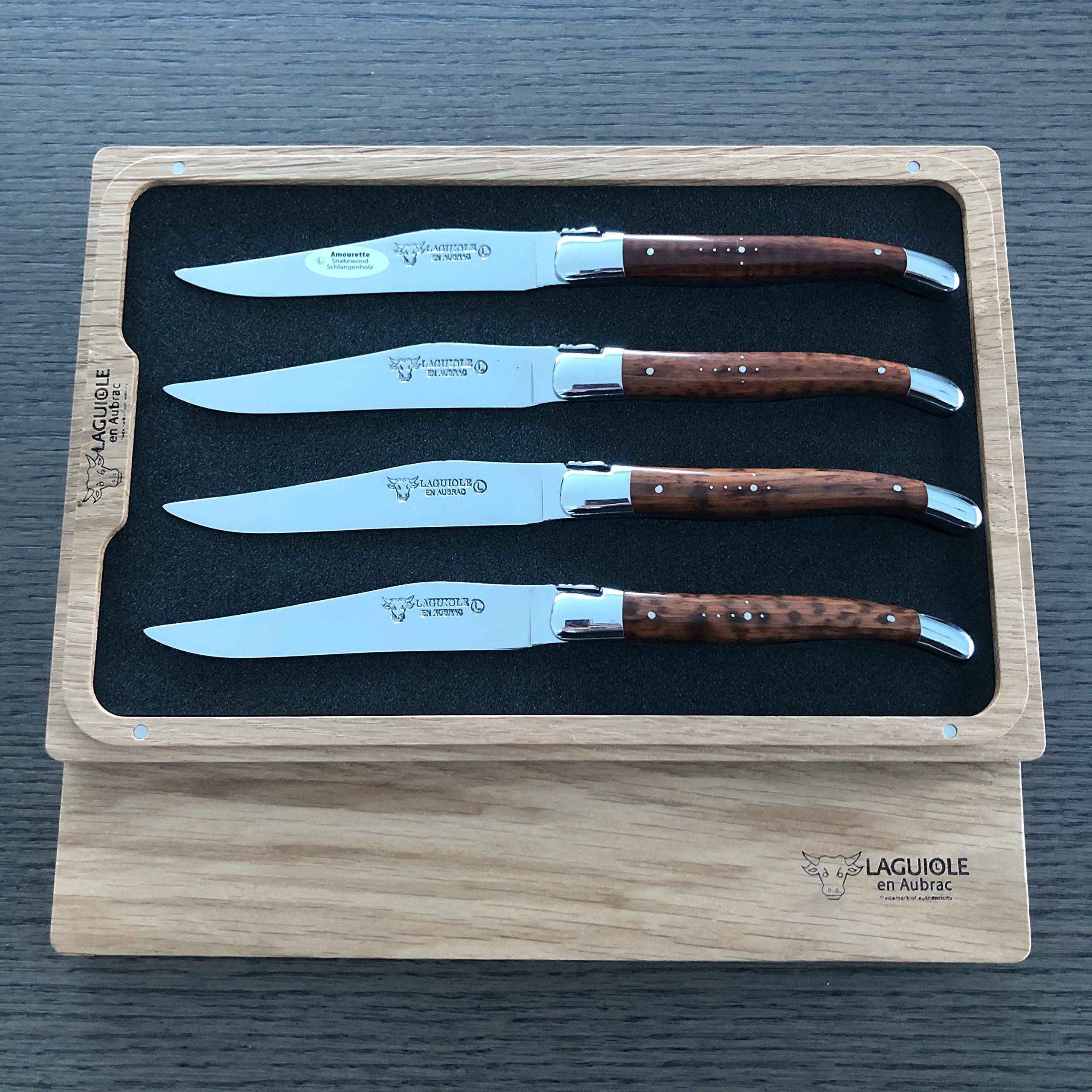 Laguiole en Aubrac Luxury Forged Full Tang Stainless Steel Steak Knives Set - 4-Piece with Amourette Snakewood Handle & Shiny Bolsters - Perfect for Fine Dining, Steakhouse Experience & Gourmet Gifts