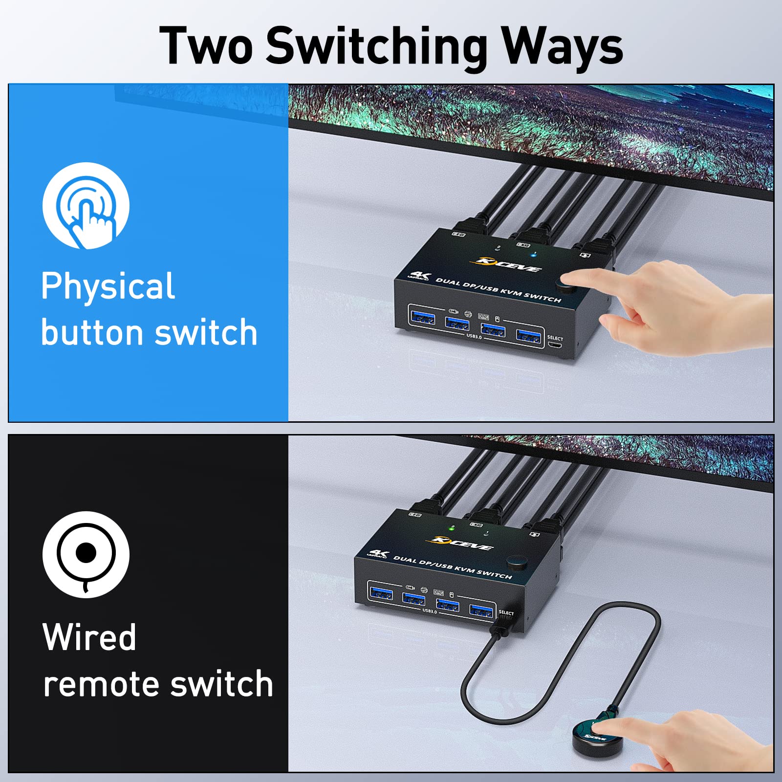 DP KVM Switch 2 Port 4K@60Hz - Dual Monitor USB 3.0 DisplayPort KVM Switcher for 2 Computers Sharing Keyboard, Mouse & 2 Monitors - Ideal for Home Office, Gaming & Multi-PC Workstations