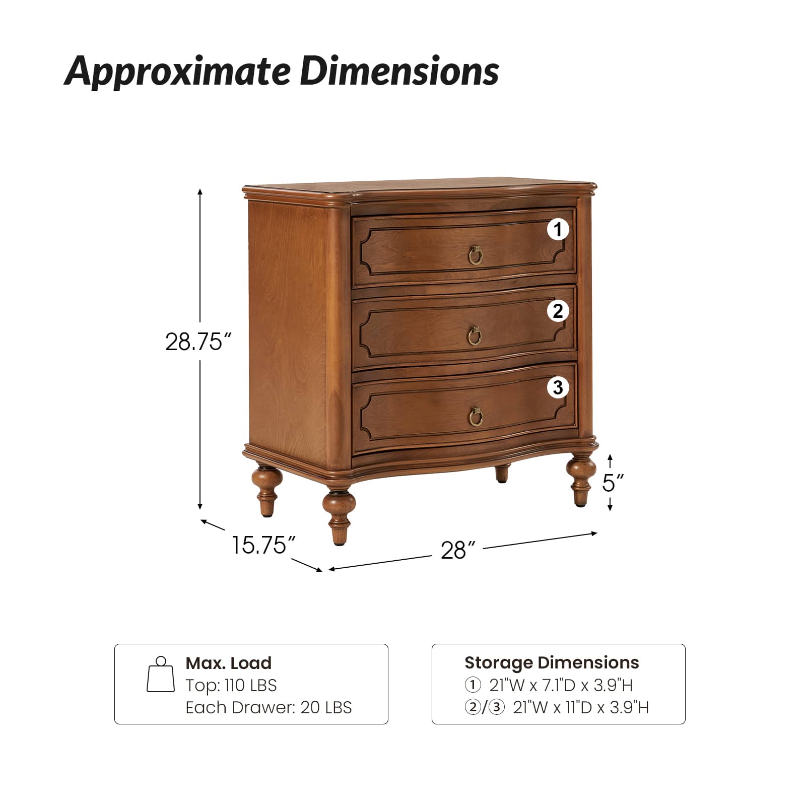 Bernhard 3 Drawer Traditional Nightstand with USB Outlets - Solid Wood Bedside Table for Bedroom, Living Room & Office - Charging Station & Storage Cabinet