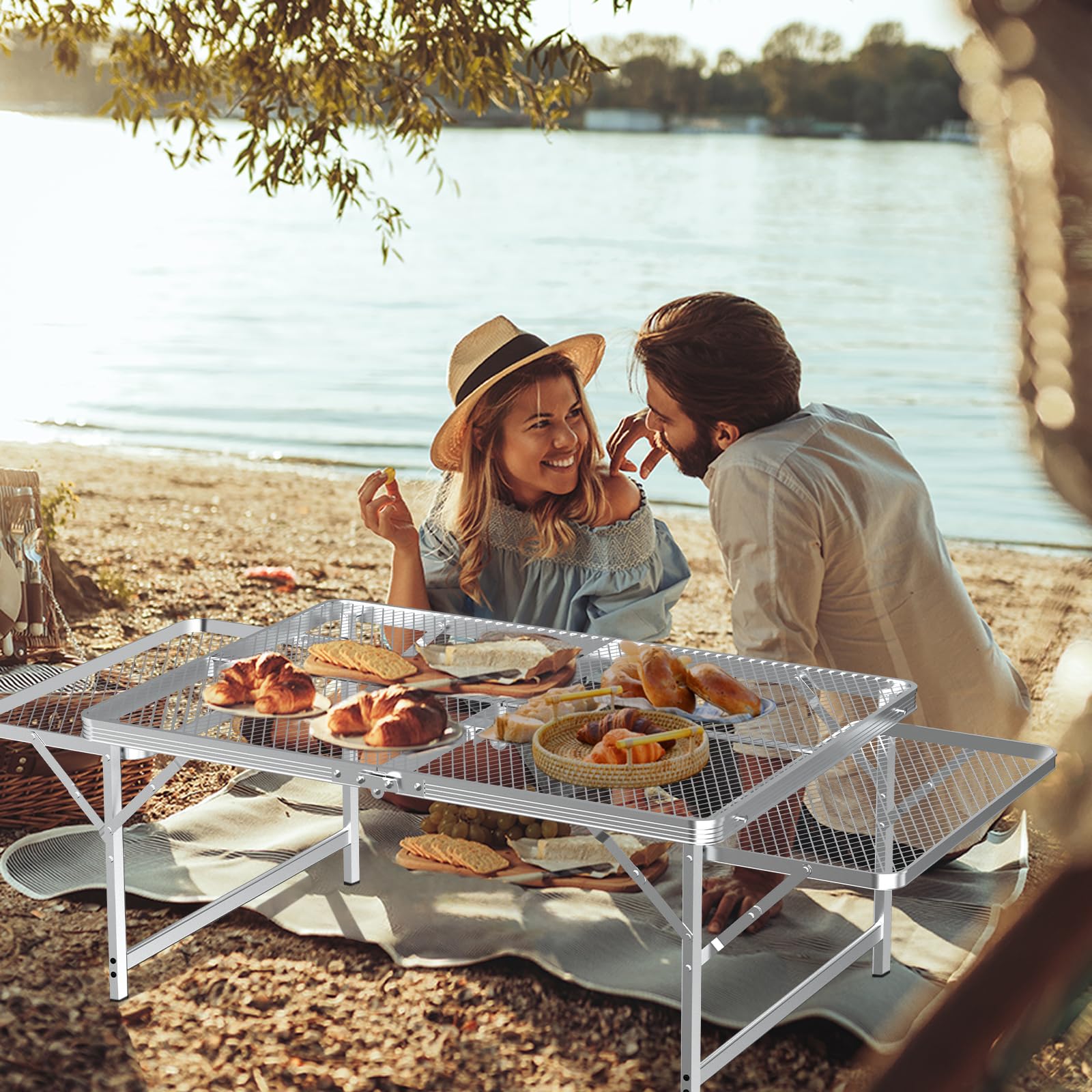 WildFinder 3x2 FT Adjustable Height Folding Camping Table with 2 Wing Panels & Mesh Desktop - Portable Outdoor Picnic BBQ Beach Table with Carry Bag (Silver) - Perfect for Camping, Tailgating, Backyard Parties & Beach Outings