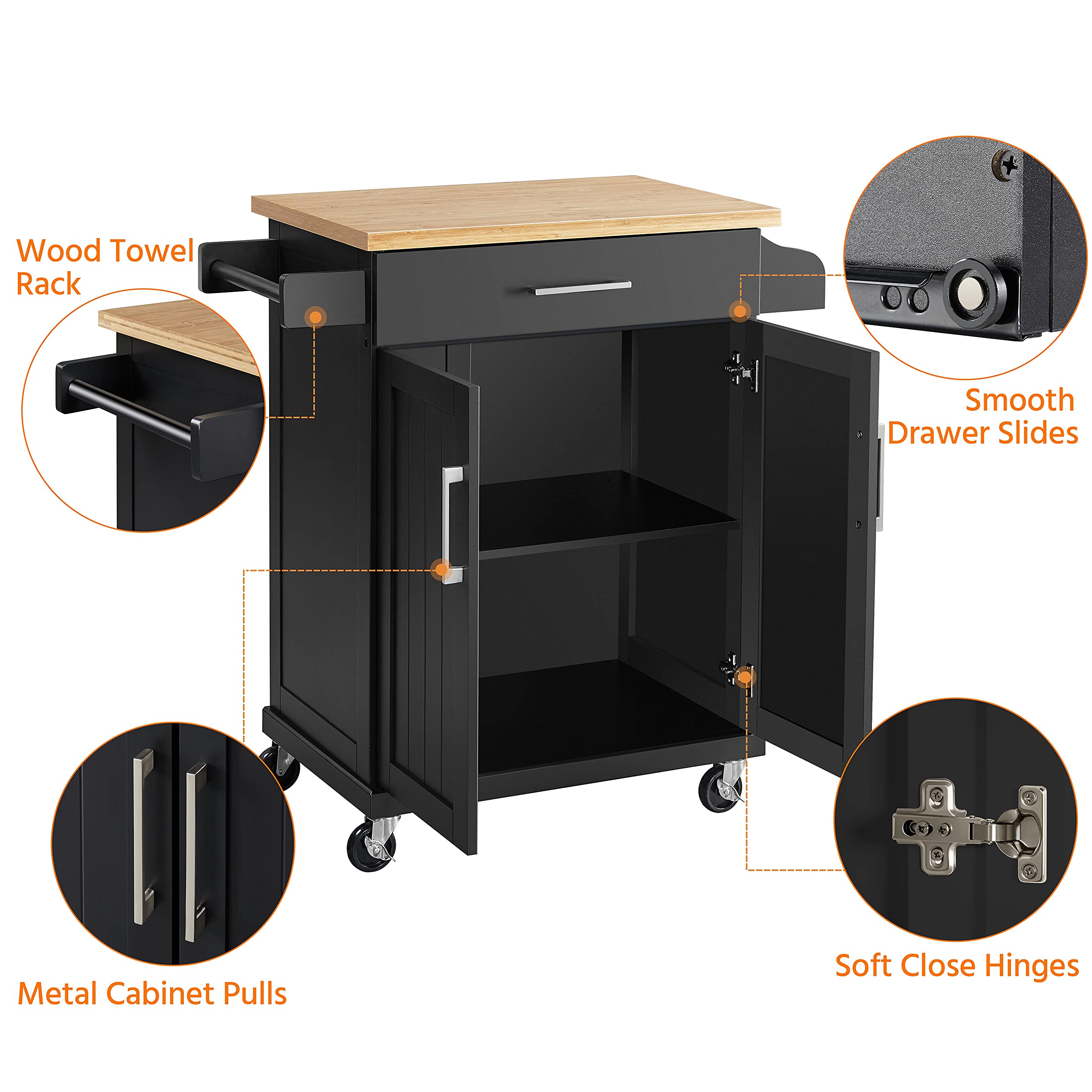 Topeakmart 26x18x36 Inches Kitchen Island Cart on Wheels with Storage Cabinet, Drawer, Spice Rack & Towel Bar - Mobile Kitchen Trolley for Dining Room, Small Space & Apartment Cooking - Black