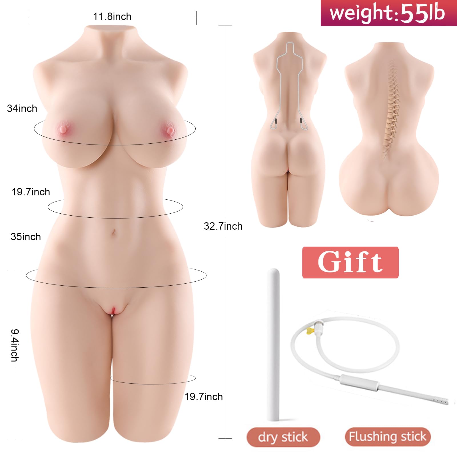 55LB Realistic Male Masturbator Sex Doll with Soft Breasts & Tight Vagina & Ass for Vaginal & Anal Pleasure - 3-in-1 Adult Love Doll for Men's Orgasm - Perfect for Solo Play, Couples Fantasy & Discreet Storage