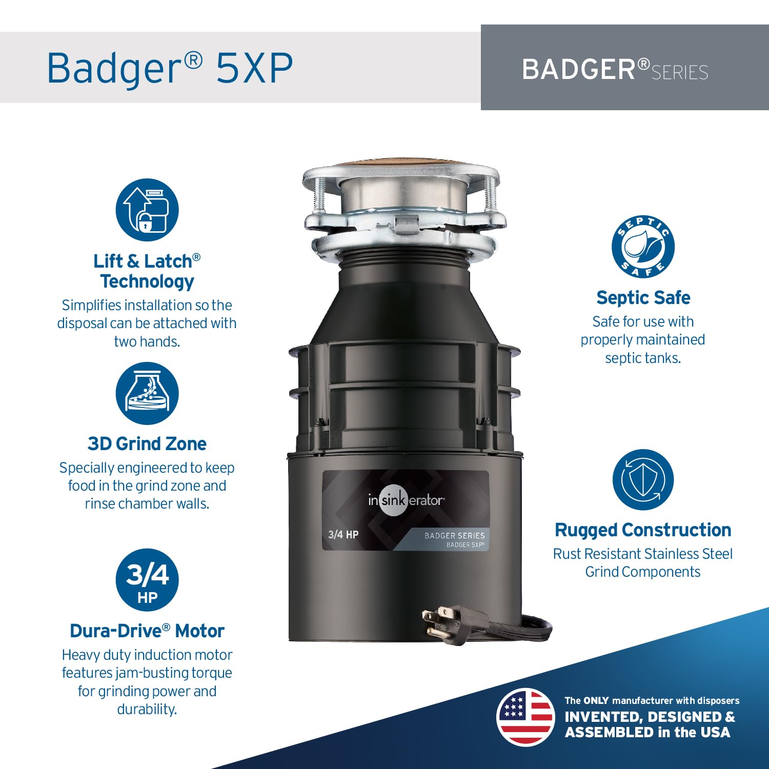 InSinkErator Badger 5XP 3/4 HP Continuous Feed Garbage Disposal with Power Cord - Standard Series Food Waste Disposer for Kitchen Sink (Ideal for Home Use & Easy Food Scrap Disposal)
