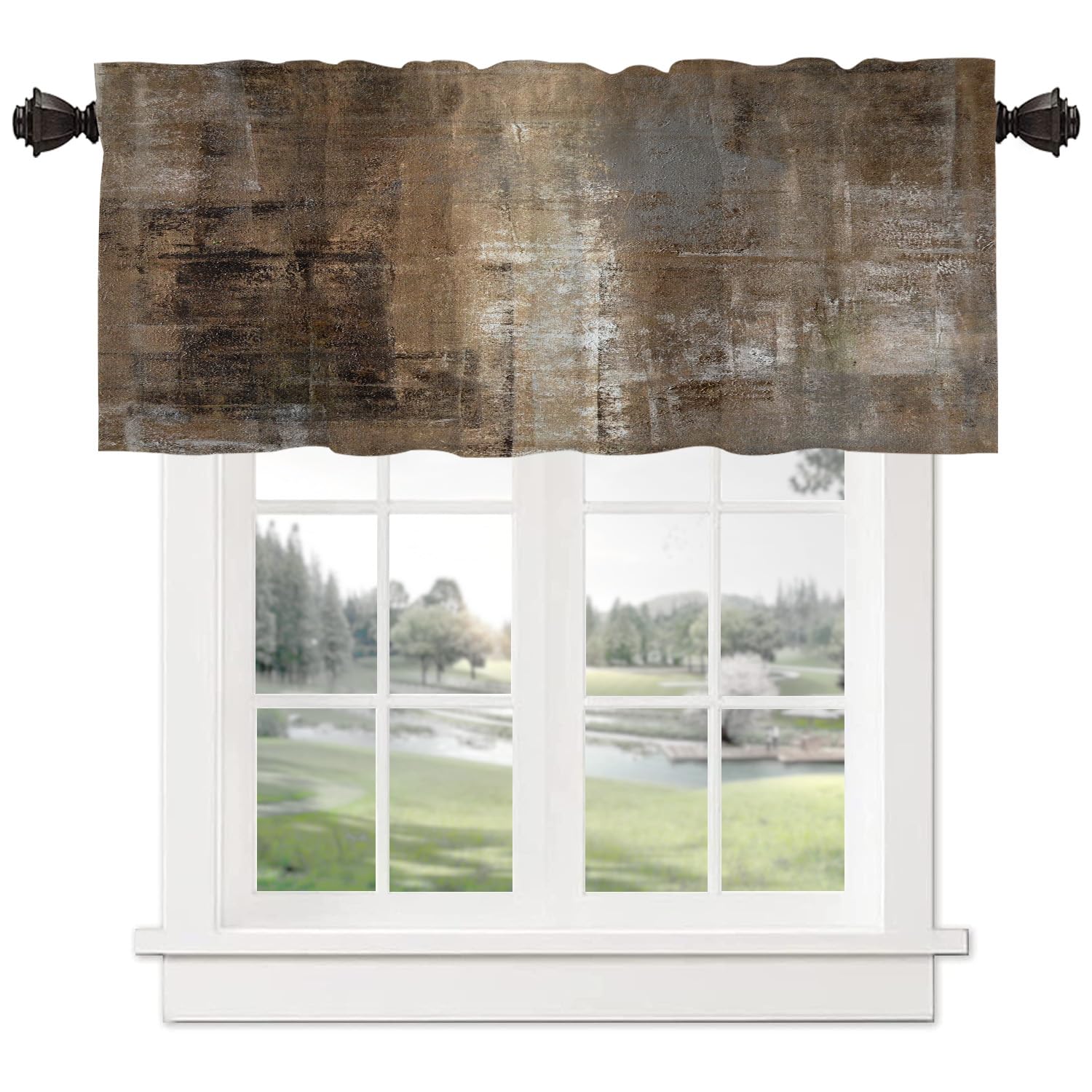 Abstract Art Kitchen Valance - Brown Grey Acrylic Painting Half Window Curtain for Home Decor, 52x18 Inch - Perfect for Modern Kitchens, Dining Rooms & Cafe Windows