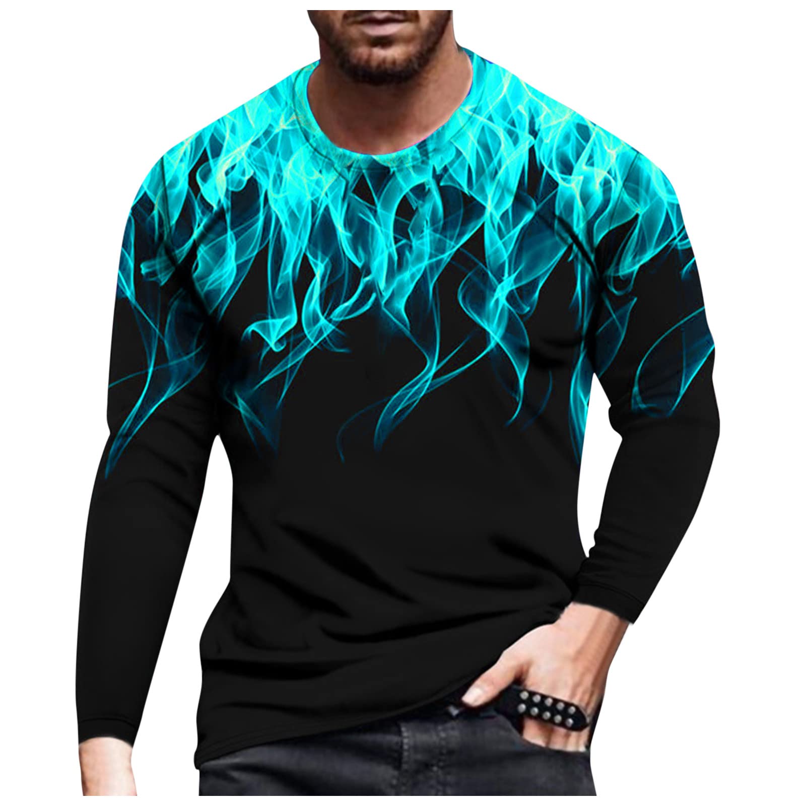 Men's Cotton Blend Flame Print Long Sleeve T-Shirt - Casual Black Tee for Everyday Wear & Street Style Outfits