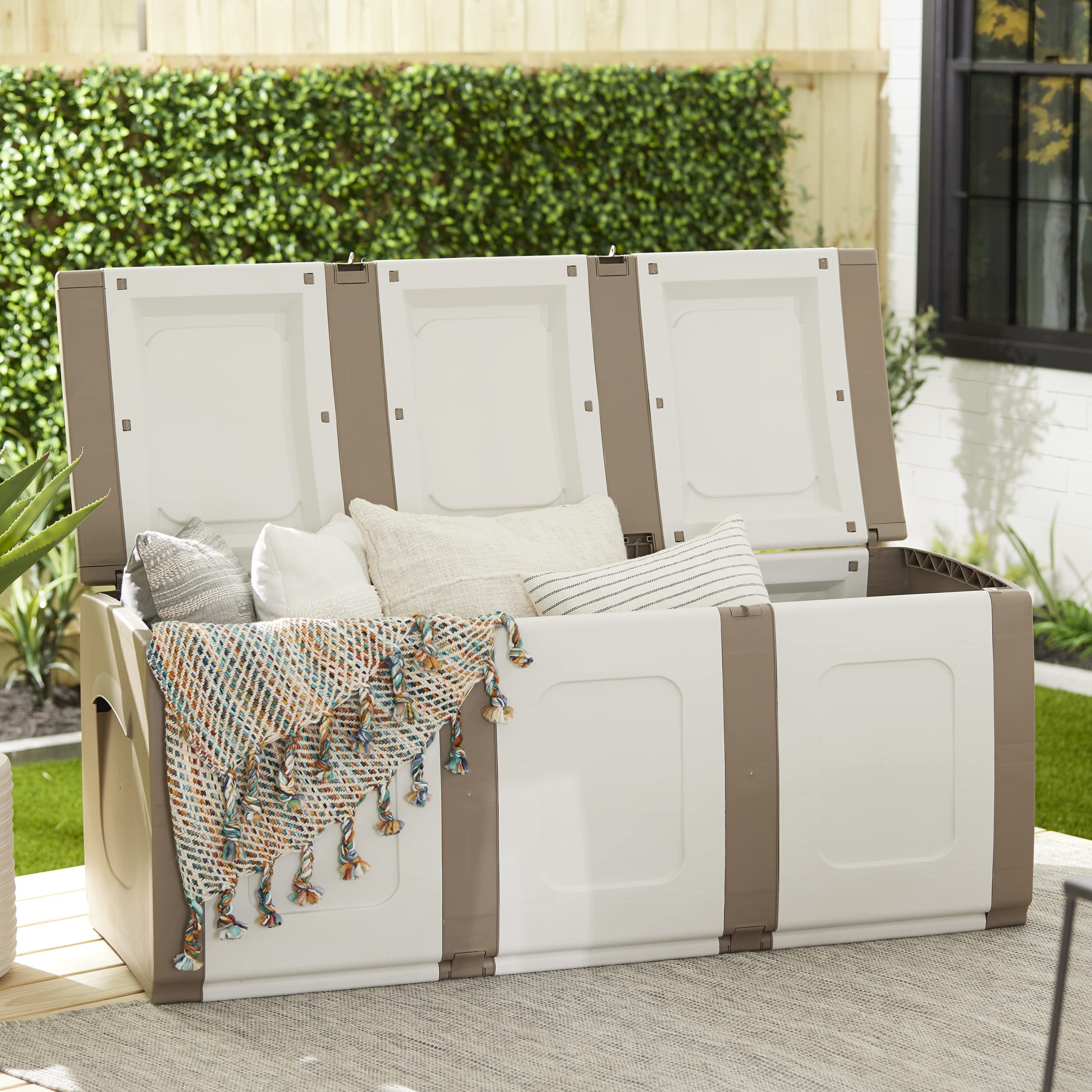 Homeplast 79 Gallon Bold Indoor/Outdoor Plastic Storage Trunk - Waterproof Resin Deck Box for Pillows, Patio Cushions, Firewood - Beige/White - Perfect for Garage, Basement, Backyard & Poolside Storage