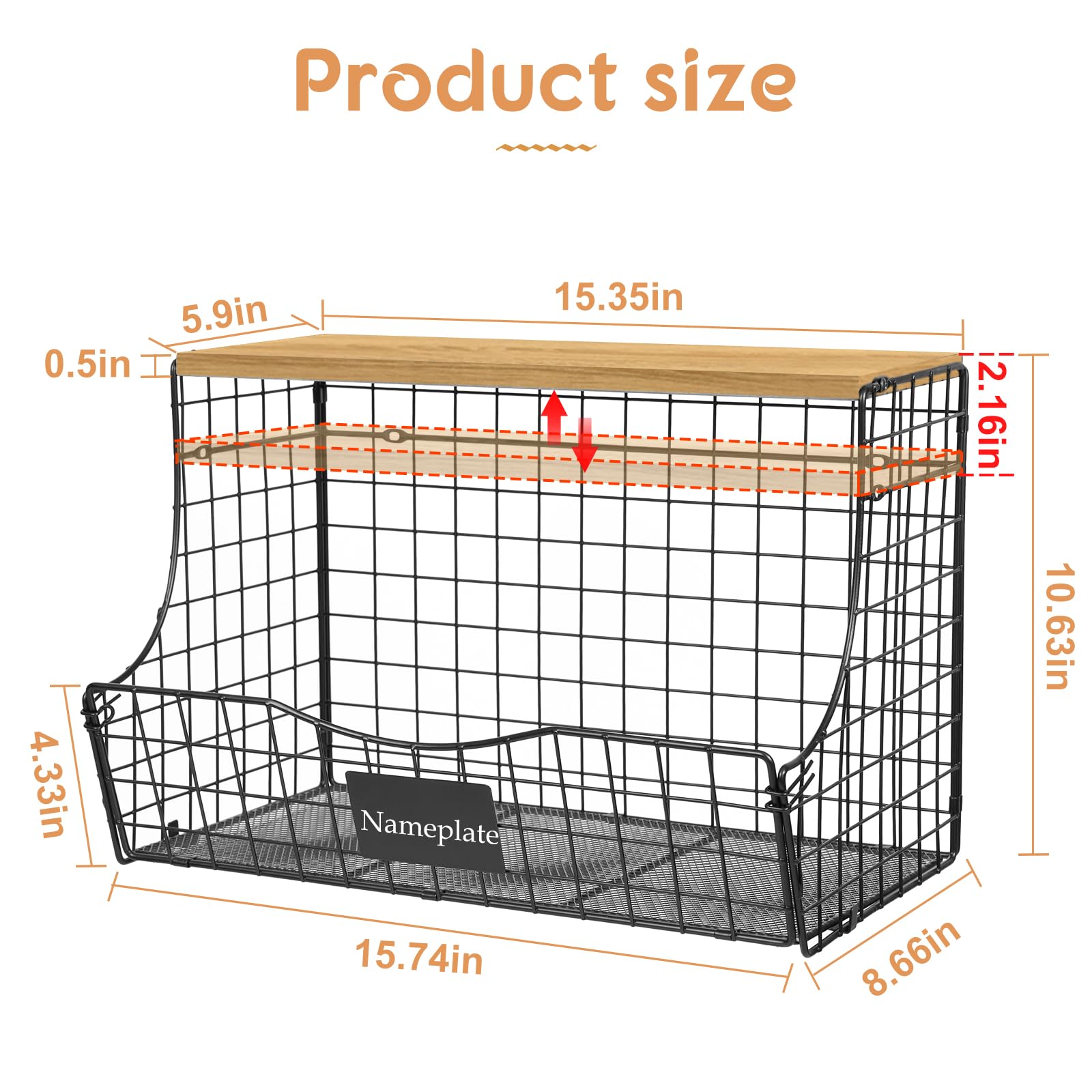 Extra Large Wooden Lid Fruit Basket for Kitchen - Stackable Metal Hanging Wire Baskets for Onion, Potato & Pantry Storage (3-Pack) | Countertop & Wall Mounted Organizer for Fruits, Vegetables & Kitchen Essentials