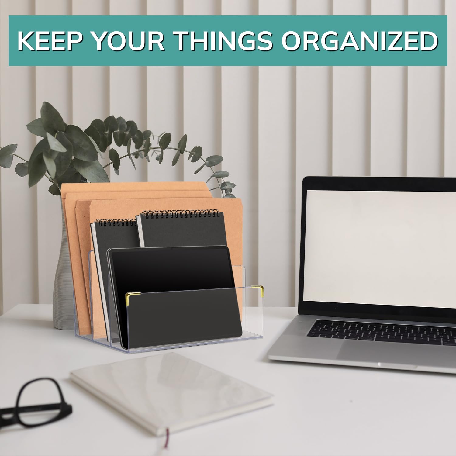 Clear Acrylic File Holder with Gold Accents - Desk Organizer for Folders, Mail, Magazines | Perfect for Office, Home & Workspace Organization | Letter Sorter, Laptop Stand & Notebook Holder
