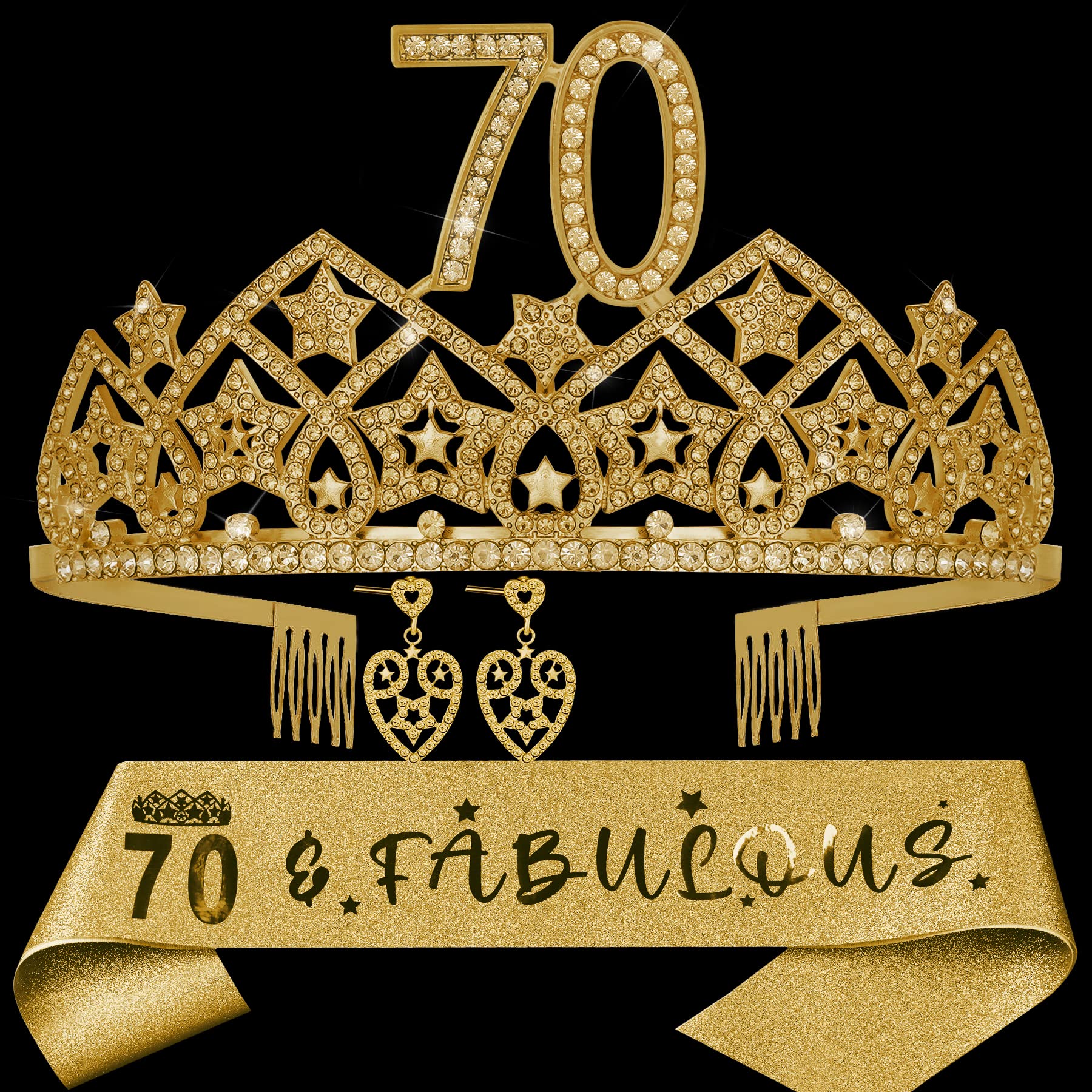 70th Birthday Party Decorations Set - Gold Crown, Tiara & Sash for Women - Happy 70th Birthday Gifts & Celebration Supplies - Perfect for Milestone Birthday Parties, Retirement Celebrations & Special Occasions