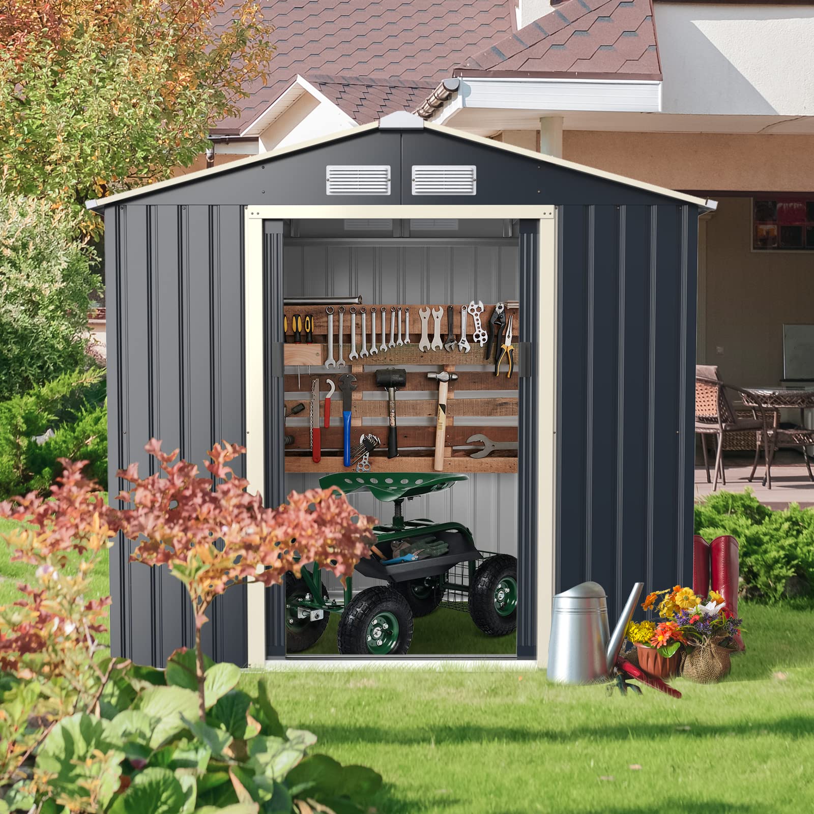 Giantex 7x4 FT Outdoor Storage Shed with Double Sliding Doors - Galvanized Metal Garden Storage Room with Front & Back Ventilation - Weatherproof Tool Shed for Backyard, Patio, Lawn & Garage Organization (Perfect for Storing Lawn Mowers, Gardening Tools & Seasonal Items)