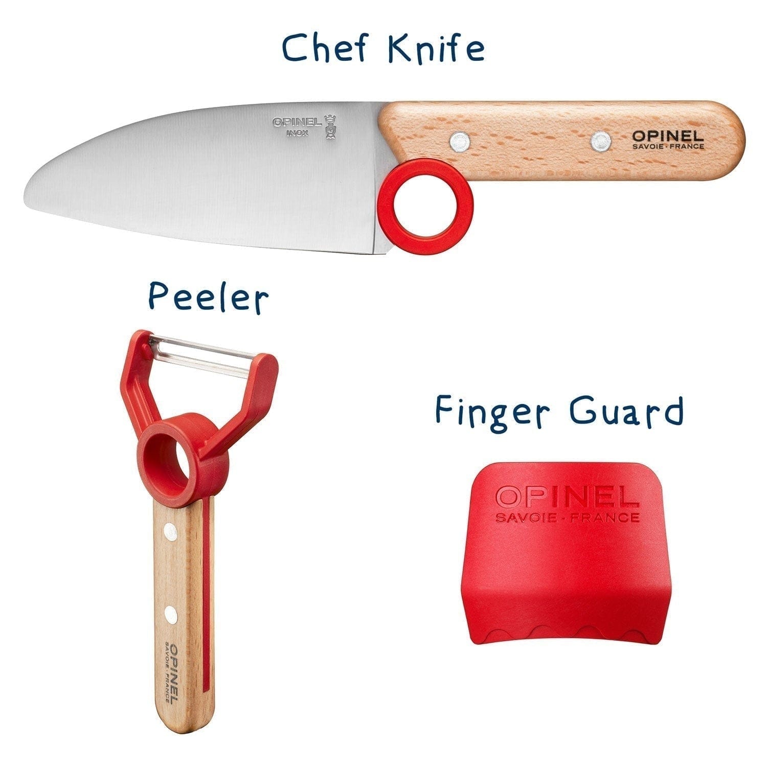 Opinel Le Petit Chef 3-Piece Knife Set with Peeler & Finger Guard - Red | Perfect for Cooking, Camping & Outdoor Adventures