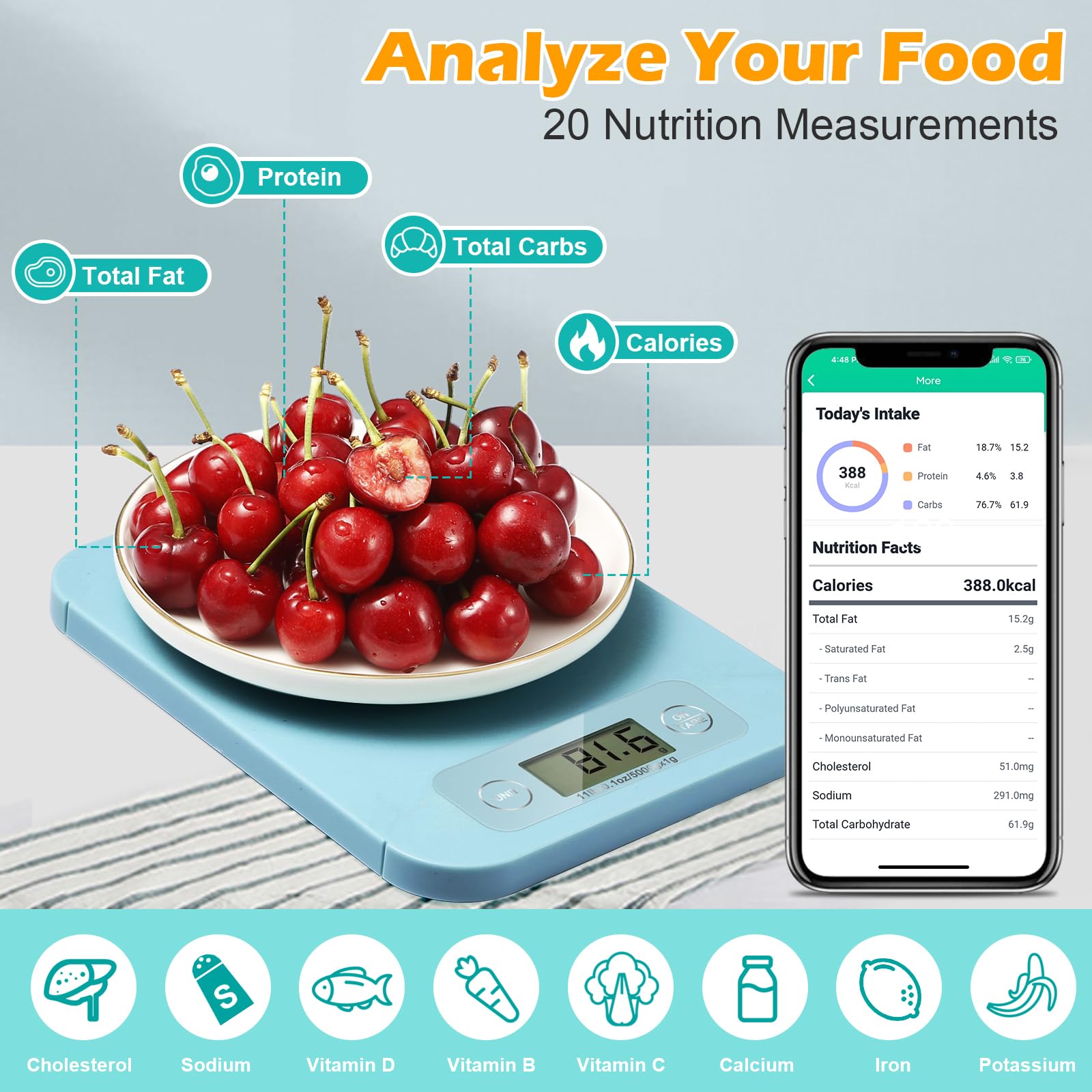 Smart Digital Food Scale for Weight Loss & Baking - Precise 0.1oz/1g Nutritional Kitchen Scale with Calorie Calculator (3g-5kg Capacity) | Perfect for Diet Tracking, Diabetic Meal Prep & Healthy Cooking