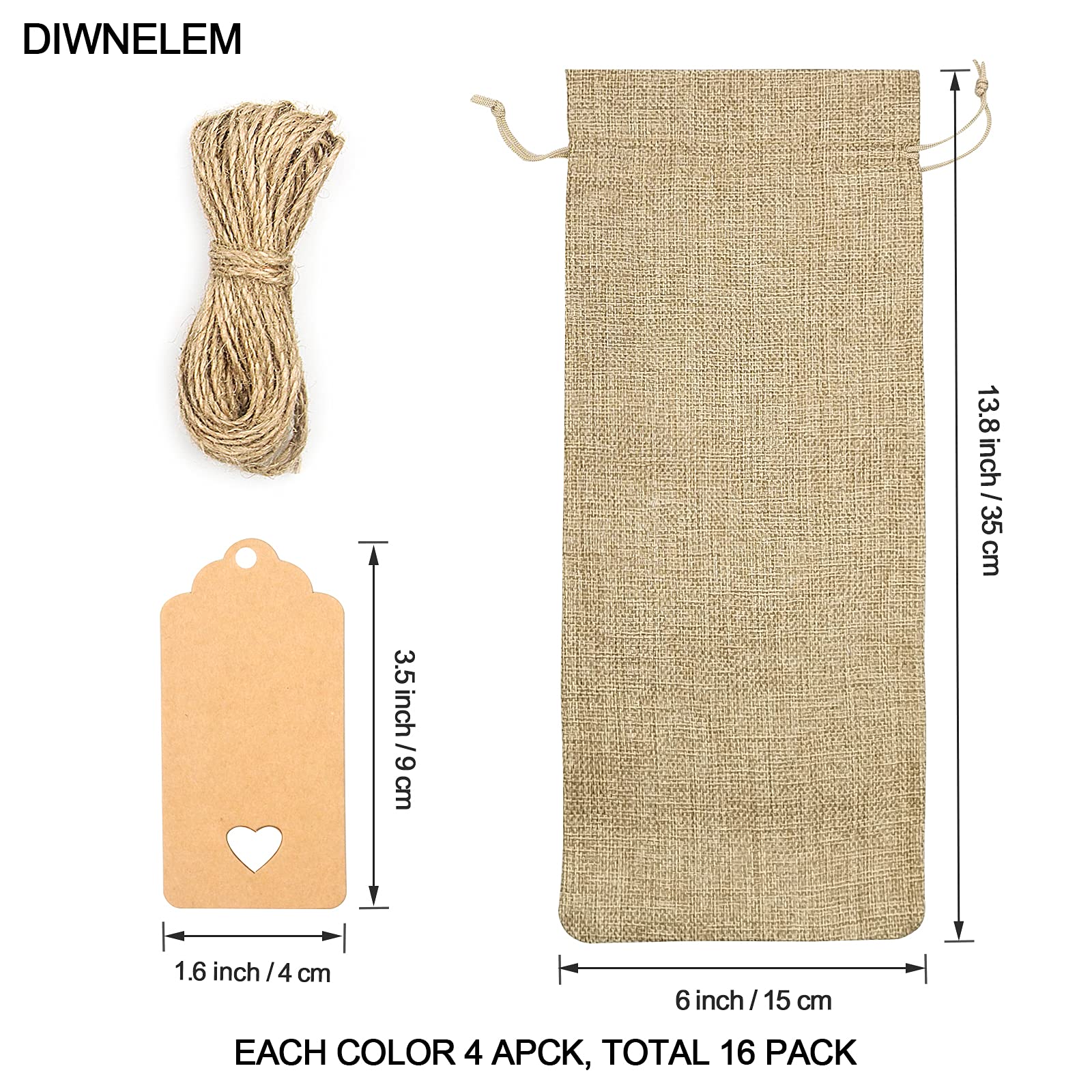 DIWNELEM 16-Pack Jute Wine Bags with Drawstring for Gifts & Parties