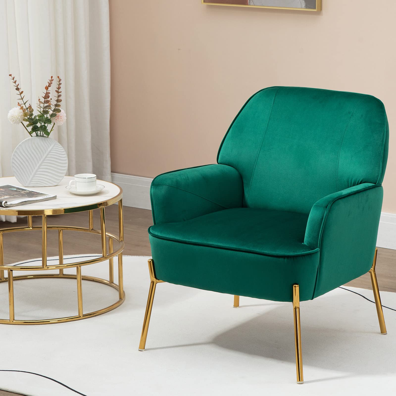 Luxury MOJAY Velvet Upholstered Barrel Accent Chair with Golden Metal Legs - Modern Club Chair for Living Room, Bedroom or Office - Comfortable Sofa Chair in Emerald Green (12-Green) - Perfect for Reading Nooks, Lounge Areas & Home Decor