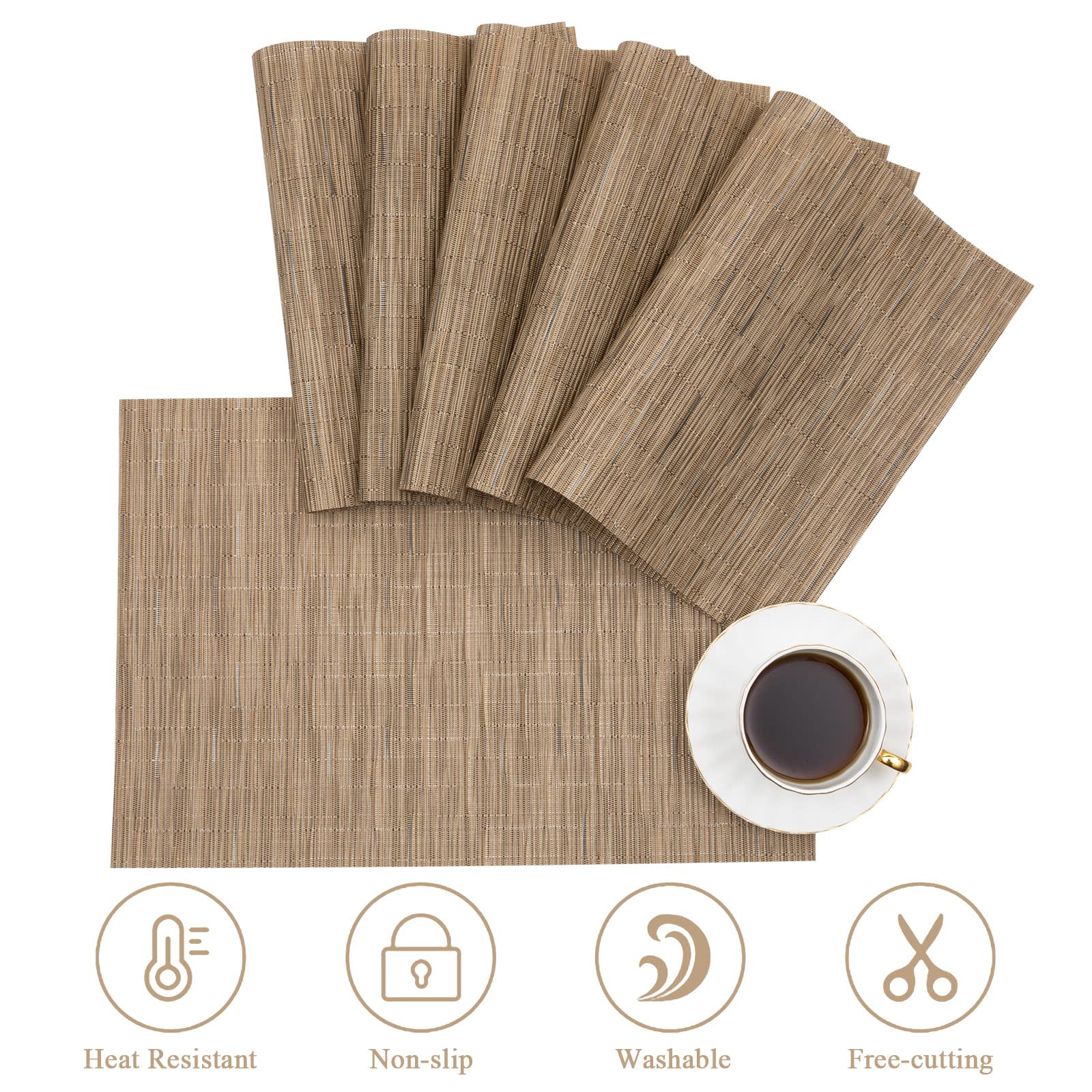 U'Artlines Heat-Resistant PVC Placemats Set of 6 - Stain Proof, Non-Slip, Washable Vinyl Table Mats for Dining Room, Kitchen & Outdoor Use (Beige)