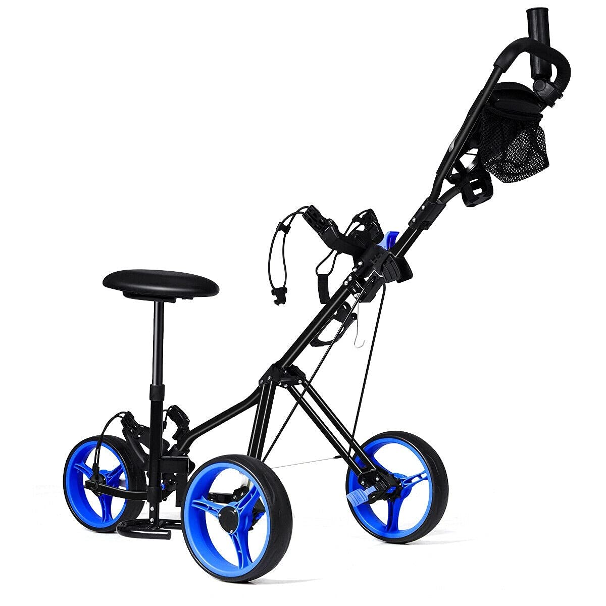 LHONE 3 Wheel Golf Push Cart with Seat - Lightweight Folding Golf Trolley with Scorecard Holder, Drink Cup Holder & Umbrella Stand - Adjustable Handle & Lockable Foot Brake for Men & Women - Perfect for Golf Courses, Driving Ranges & Outdoor Sports
