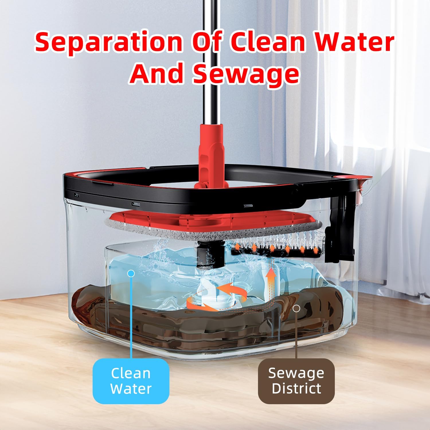 KZKR Spin Square Mop and Bucket Set with 6 Replaceable Microfiber Pads - Self-Cleaning System with Dirty/Clean Water Separation - 360° Rotating Self-Wringing Mop for Hardwood, Tile & Laminate Floors - Perfect for Home, Kitchen, and Bathroom Cleaning