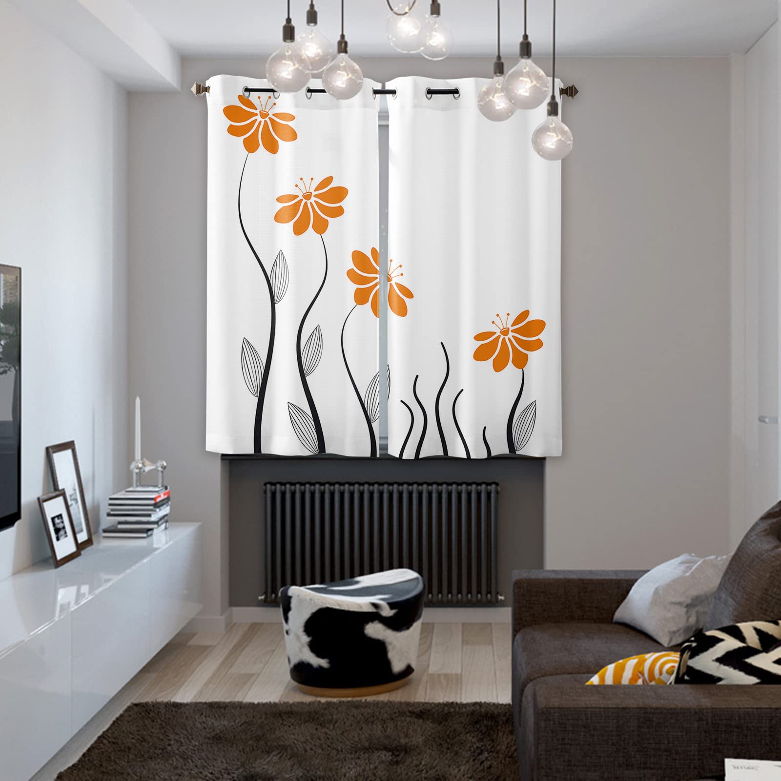 Orange Aqua Floral Window Curtains 90 Inches Length - 2 Panels Grommet Kitchen & Cafe Curtains for Bedroom, Living Room - Modern Striped Leaves & Geometric Print Drapes for Home Decor & Window Treatment
