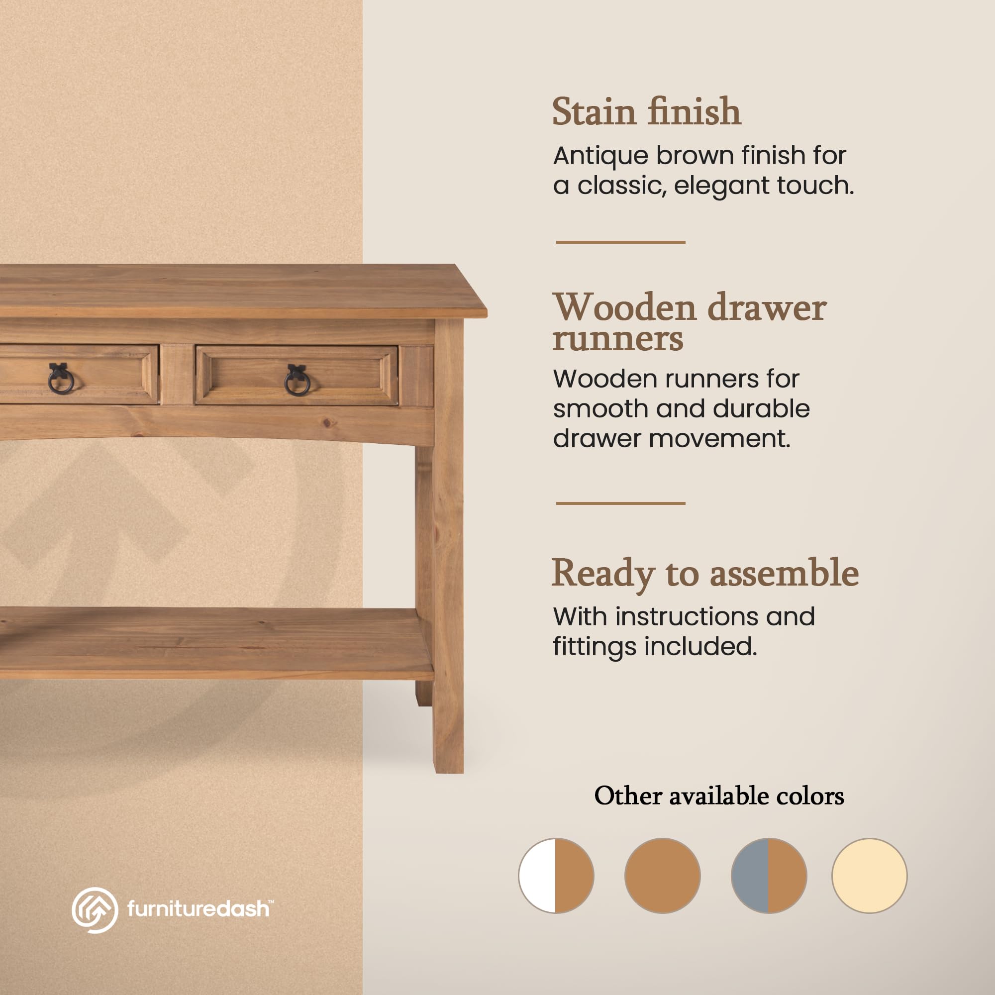 Solid Wood Console Table with 2 Drawers & Shelf - Farmhouse Entryway, Living Room, Bedroom