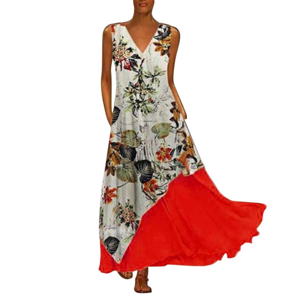 Floral Print Women's Summer Maxi Dress - V Neck Sleeveless Patchwork Sundress for Beach, Vacation & Outdoor Parties