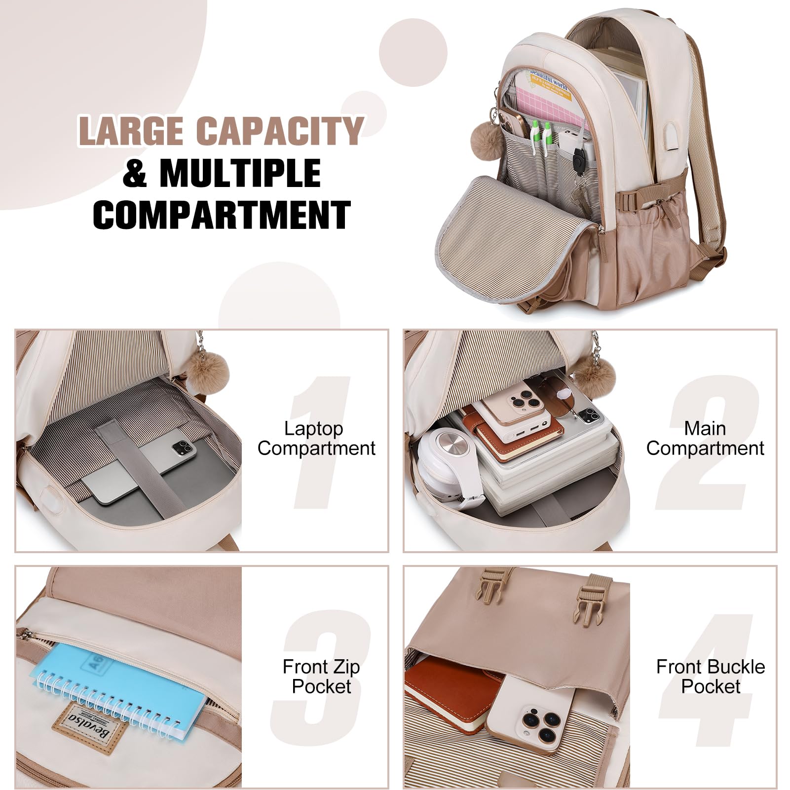 Bevalsa Women's Laptop Backpack for College Students & Teens - Stylish School Backpack with Lunch Bag & Pencil Pouch (Khaki Beige) - Perfect for School, Work & Travel