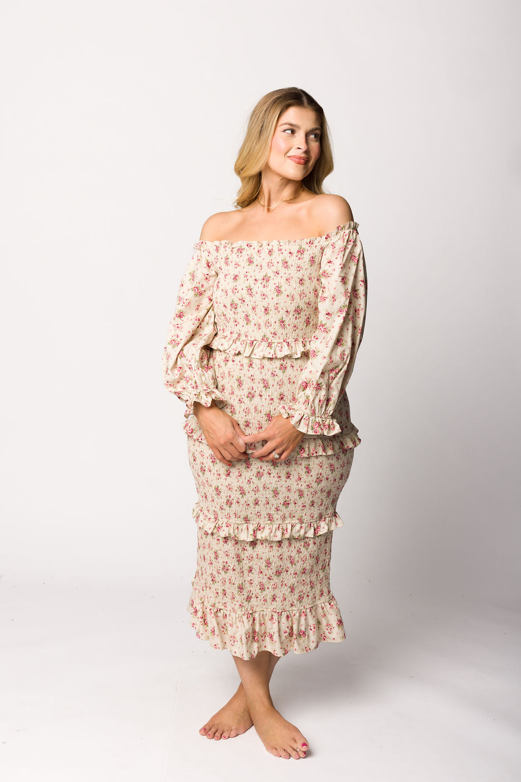 Lila Floral Printed Smocked Midi Dress - Pink Maternity Dress for Pregnancy, Bump Friendly, Summer Casual Wear, Baby Shower & Photoshoot Outfit