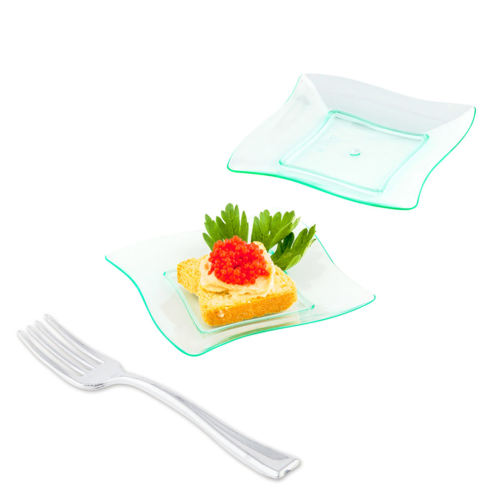 100-Pack Eco-Friendly Seagreen Plastic Plates & 100 Silver Mini Forks - Perfect for Parties, Picnics, BBQs, and Outdoor Dining