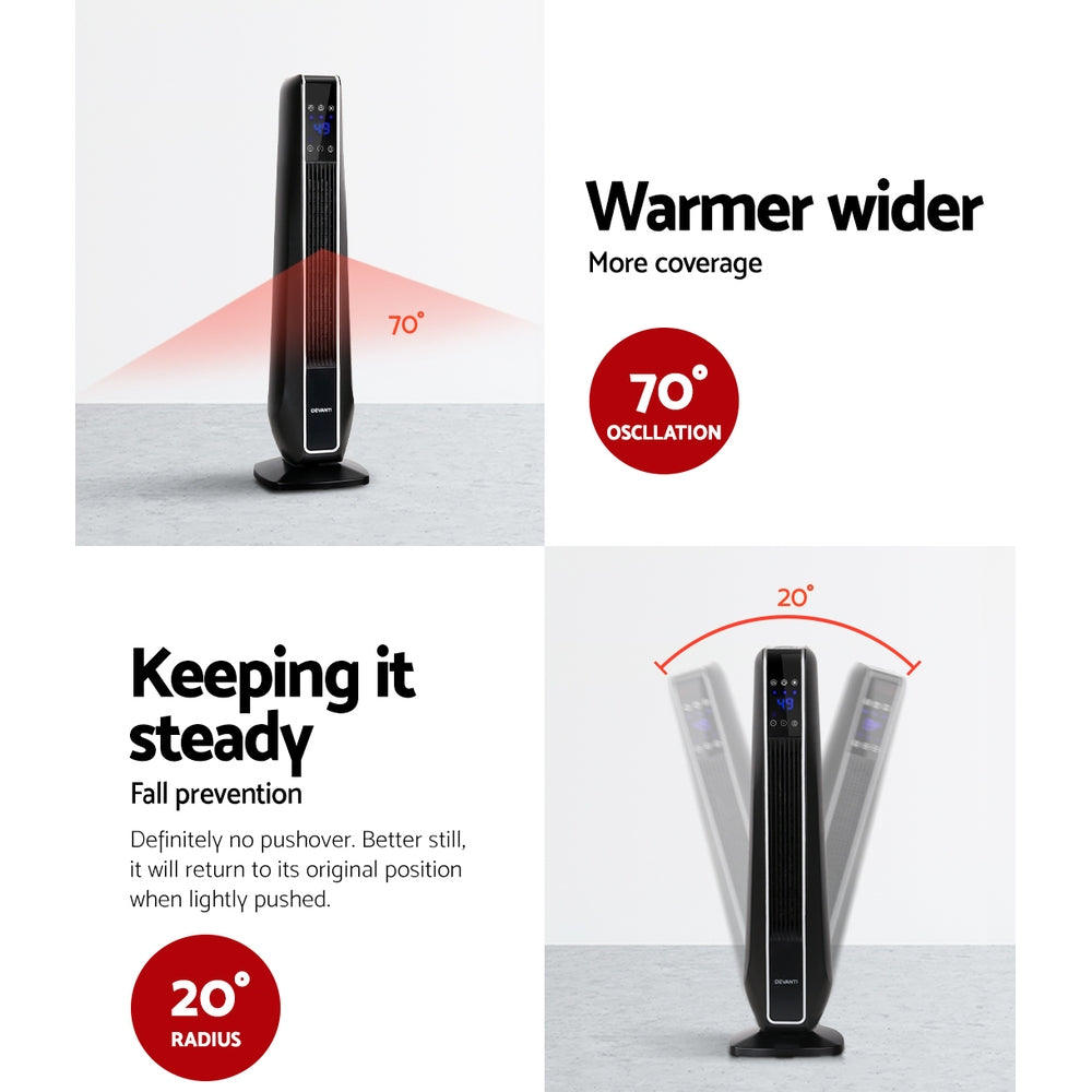 Devanti 2400W Electric Ceramic Tower Heater with Remote Control - Fast Heating Portable Space Heater for Home, Office & Bedroom - Energy Efficient Quiet Heater with Overheat Protection & Timer