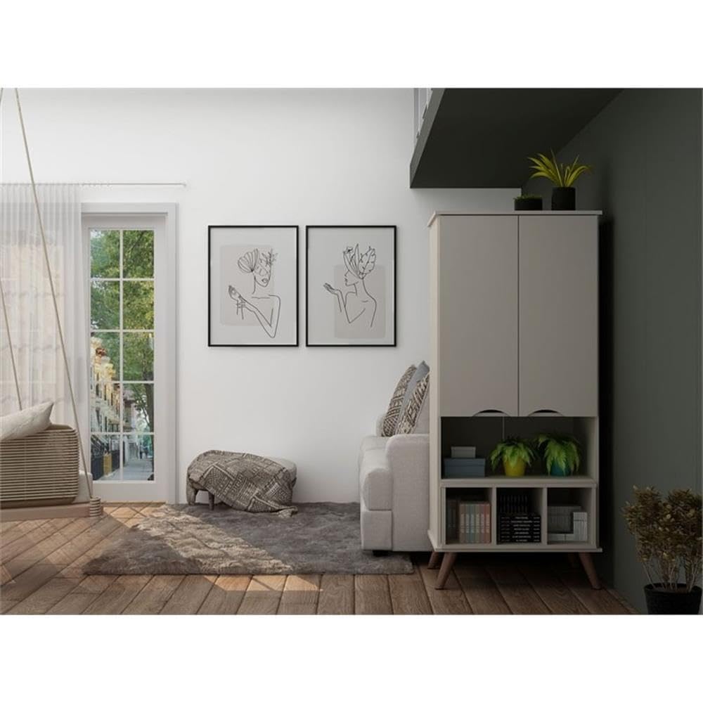 Manhattan Comfort Hampton 26.77-Inch Display Cabinet with 6 Adjustable Shelves & Solid Wood Legs in Off White - Perfect for Living Room, Dining Room, or Office Storage & Display