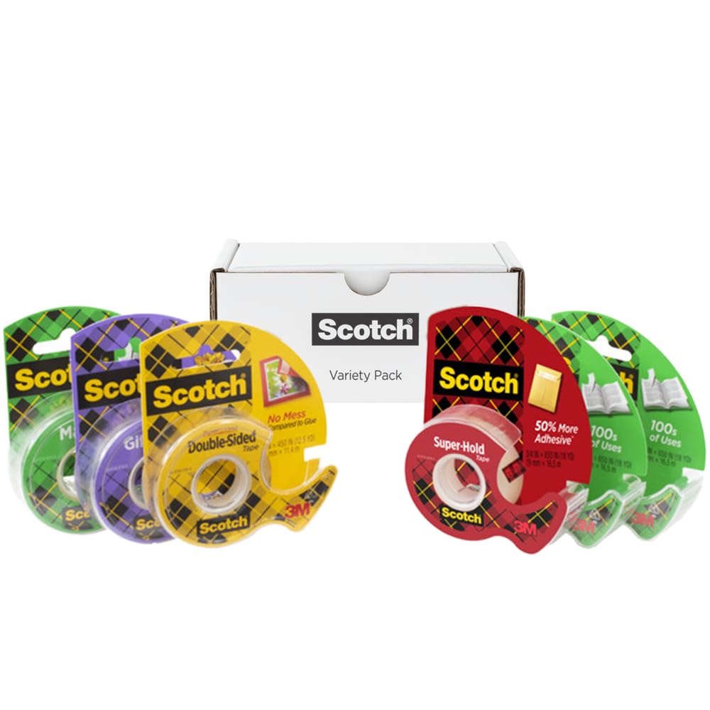 Scotch Variety Pack Tape - 6 Rolls Including Magic Tape, Double-Sided Tape, Gift-Wrap Tape & Super-Hold Tape | Multi-Purpose for Office, School, Home & Gift Wrapping | Strong Adhesive for Paper, Boxes & Crafts