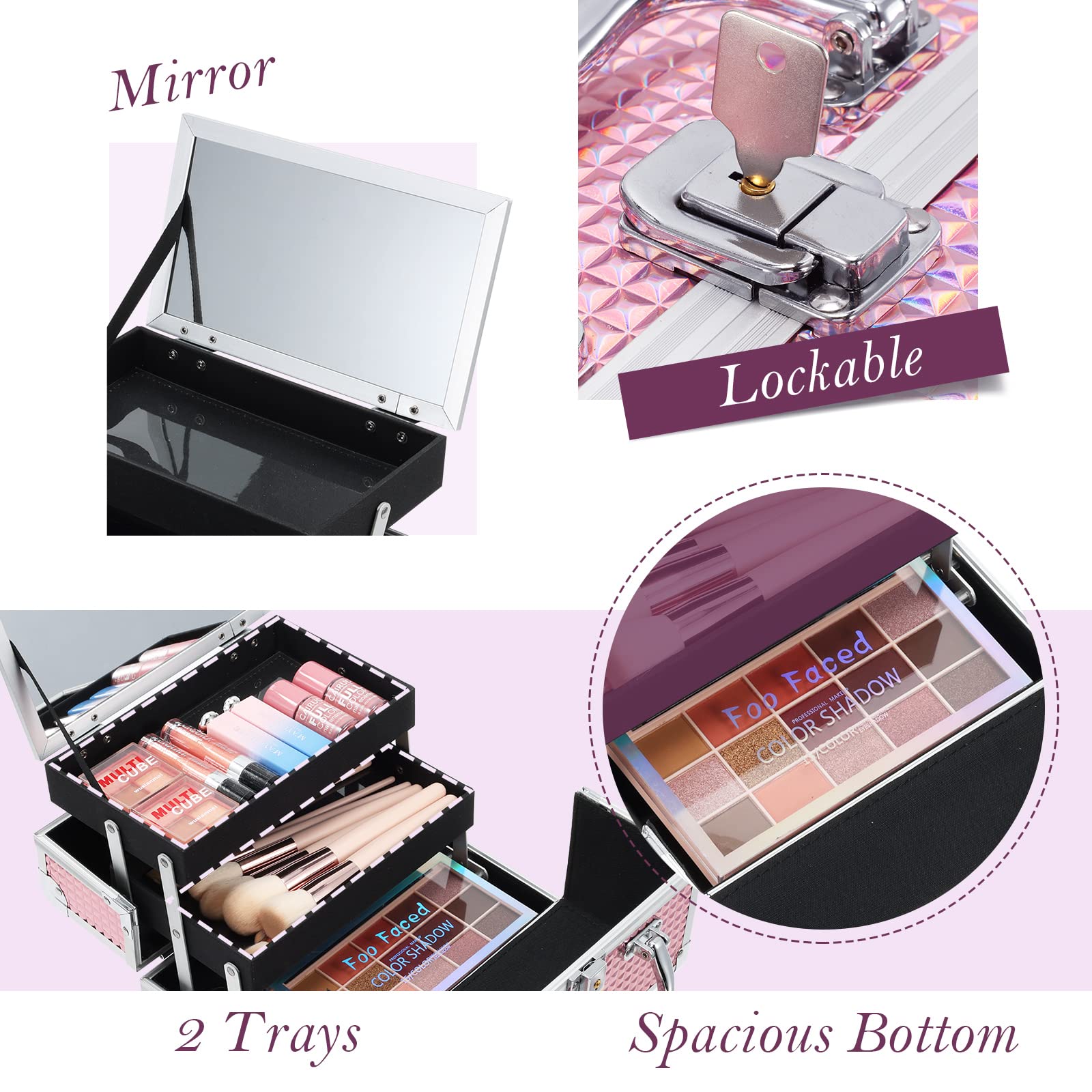 FRENESSA Professional Makeup Train Case - Large Cosmetic Organizer with 2 Removable Trays, Lockable Mirror & Glitter Pink Design | Perfect for Travel, Salon, or Home Beauty Storage