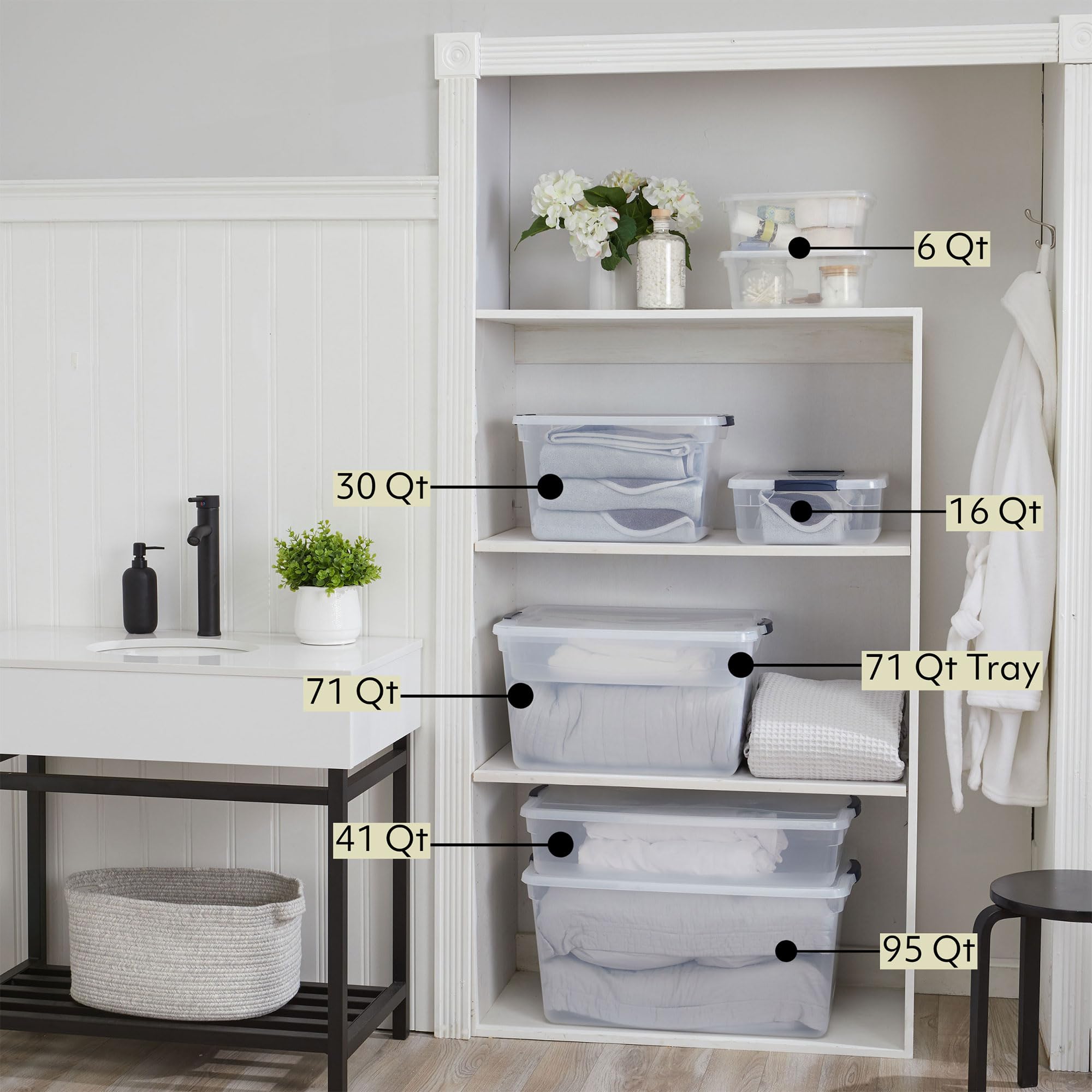 Rubbermaid CleverStore 32 Qt Clear Plastic Storage Containers - 12 Pack Stackable Bins with Secure Latching Lids for Home Organization | Perfect for Closet, Laundry Room, Pantry & Garage Storage | Durable Visible Storage Solution