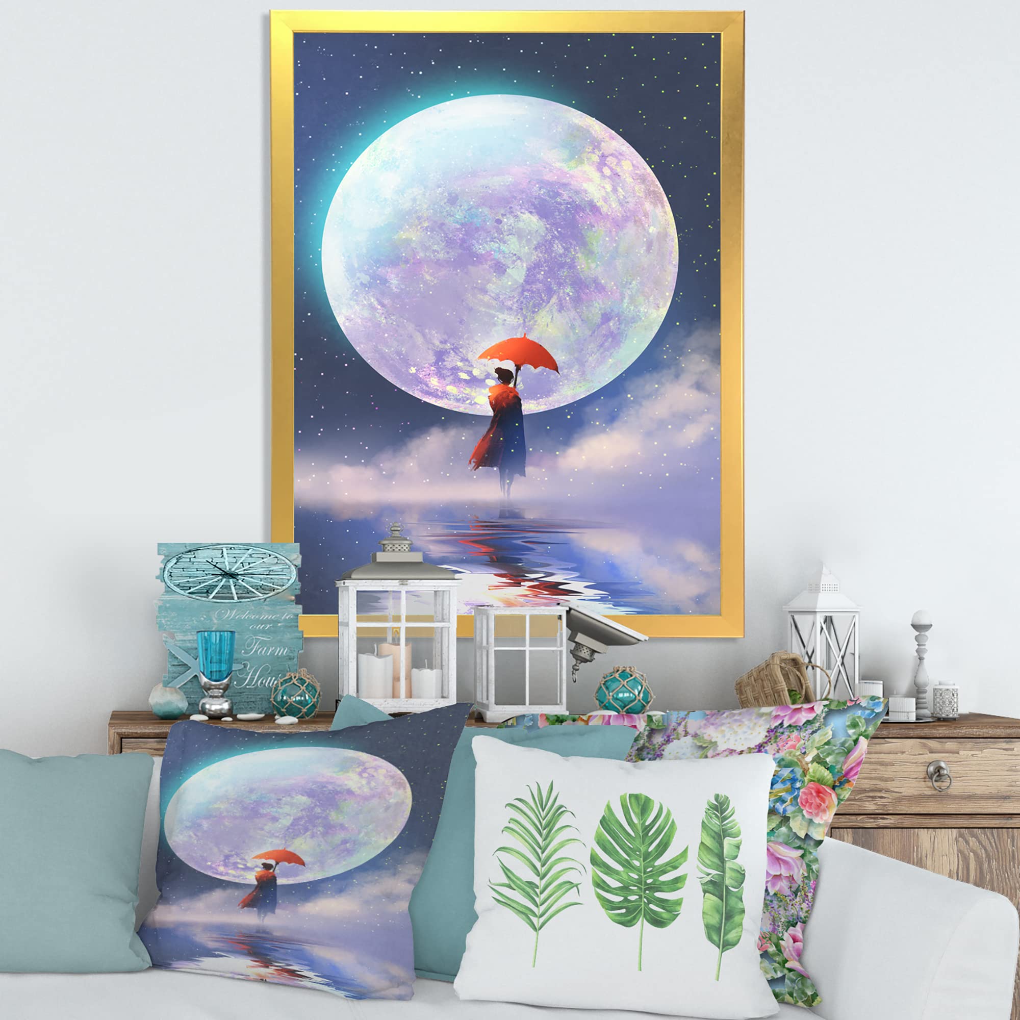 DesignQ Traditional Framed Wall Art - Woman with Umbrella Standing on Water Against Moon - Elegant Home Decor for Living Room, Bedroom & Office
