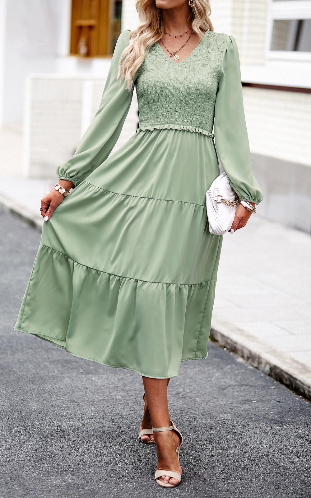 Women's 2025 Casual Long Sleeve Midi Dress - Crew Neck, High Waist, Tiered & Smocked Design for Spring & Fall | Perfect for Office, Date Night & Weekend Outings