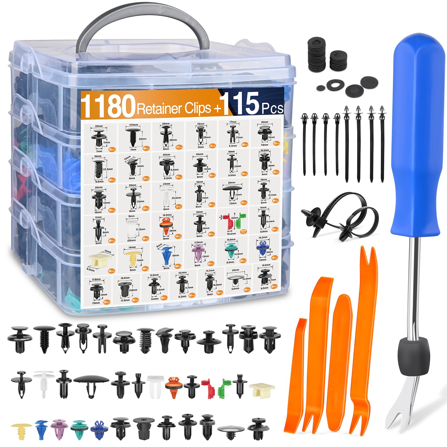 GOOACC 1295Pcs Car Retainer Clips and Auto Fasteners Assortment Kit - 37 Most Popular Sizes Nylon Bumper Fender Rivets with 10 Cable Ties for GM, Ford, Toyota, Honda, Chevrolet, BMW, Benz, Audi, Nissan, Mazda - Perfect for Auto Repair, Maintenance, and DIY Projects