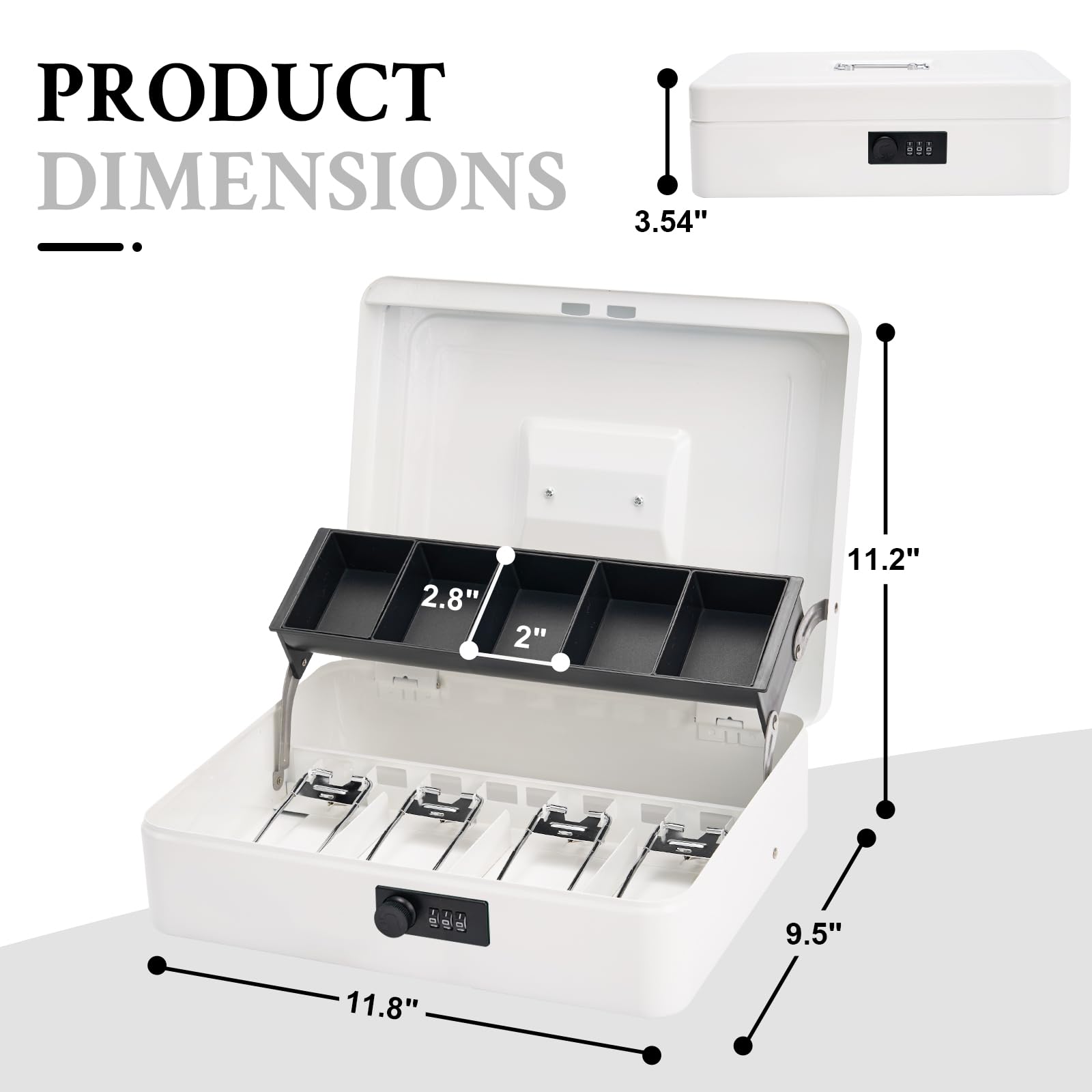 Metal Cash Box with Combination Lock - Secure Money Safe Box with Cash Tray, 4 Bill & 5 Coin Slots (11.8x9.5x3.5 Inches, White) - Perfect for Retail Stores, Home Savings & Office Cash Management