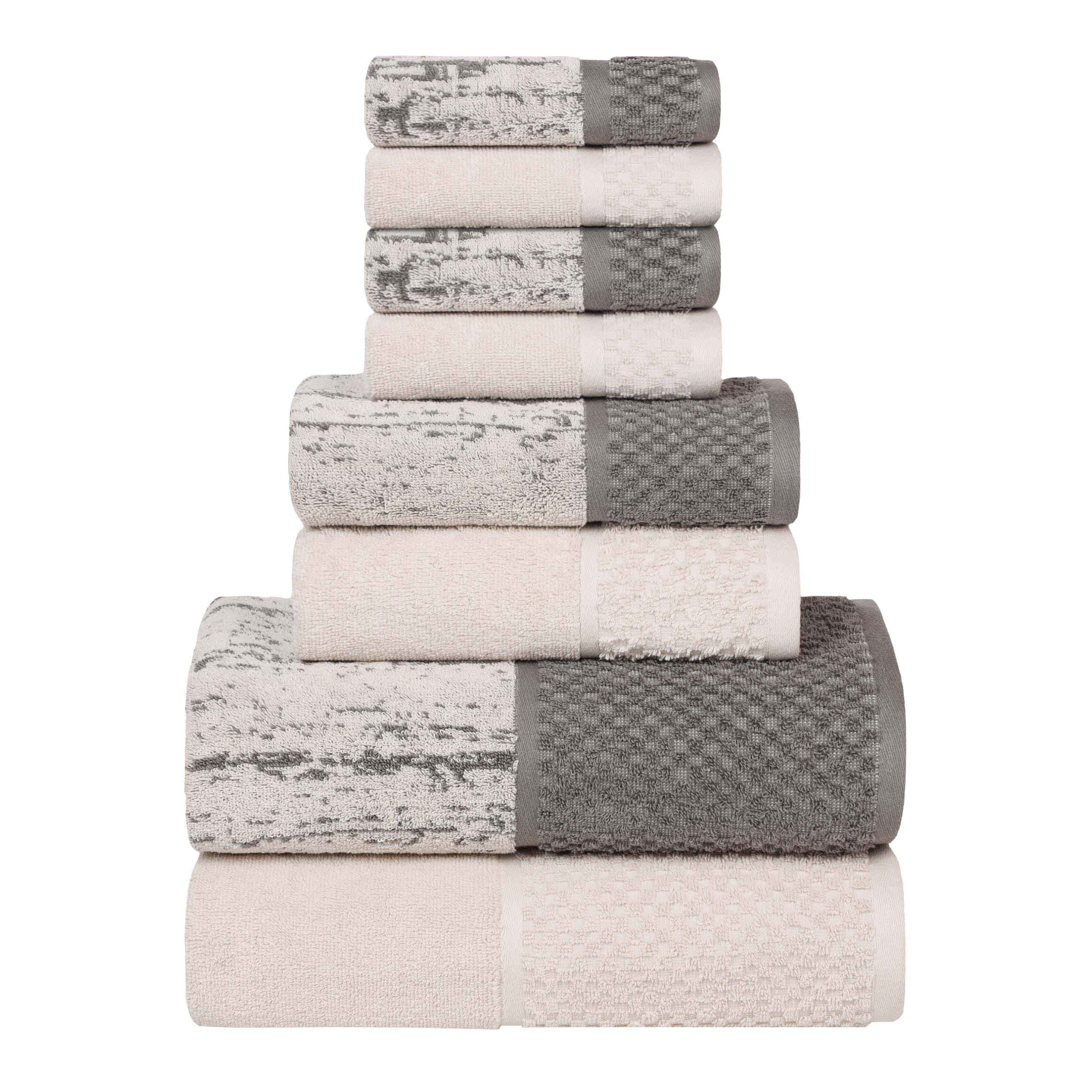 Premium 8-Piece Cotton Plush Jacquard Towel Set - Soft & Absorbent Solid & Two-Toned Bath Towels for Luxury Spa, Bathroom & Guest Use