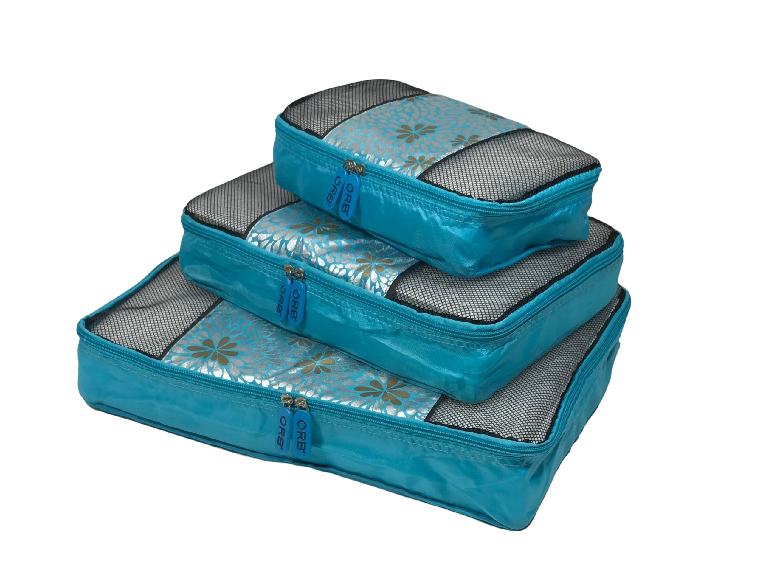 ORB Travel 3-Piece Packing Cubes Set - Bloom Turquoise & Metallic Gold - Carry-On Luggage Organizer for Efficient Travel Packing - Perfect for Business Trips, Vacations & Weekend Getaways