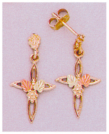 10kt Solid Gold Three-Tone Cross with Red & Green Leaves Stud Dangle Earrings (1 Pair) - Perfect for Christmas Gifts, Church Events & Everyday Elegant Jewelry