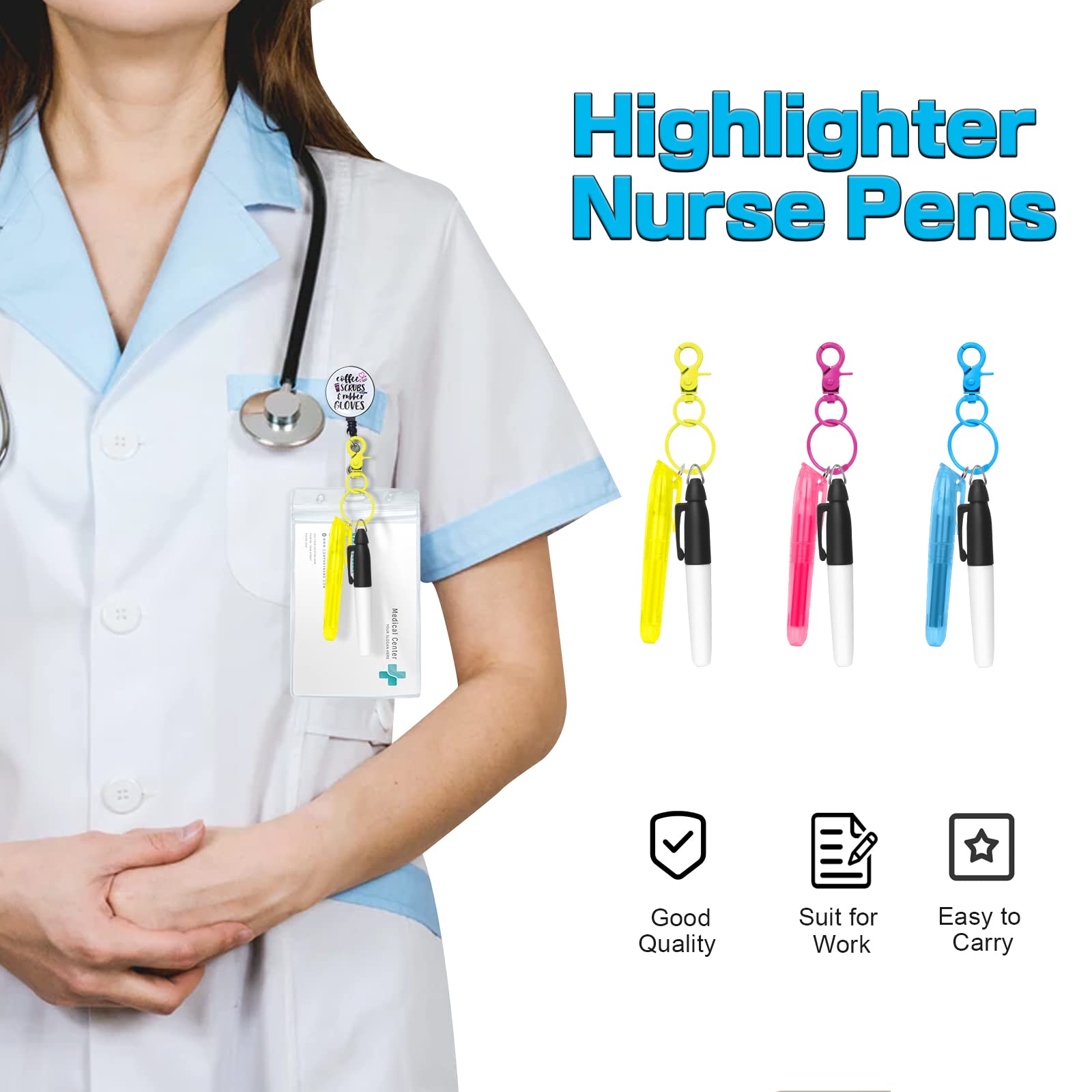 DOUB Mini Highlighter Set - 6 Color Nurse Pens with Badge Clip & Permanent Marker - Perfect for Medical Professionals, Students & Office Use - Highlight Notes, Charts & Documents Easily
